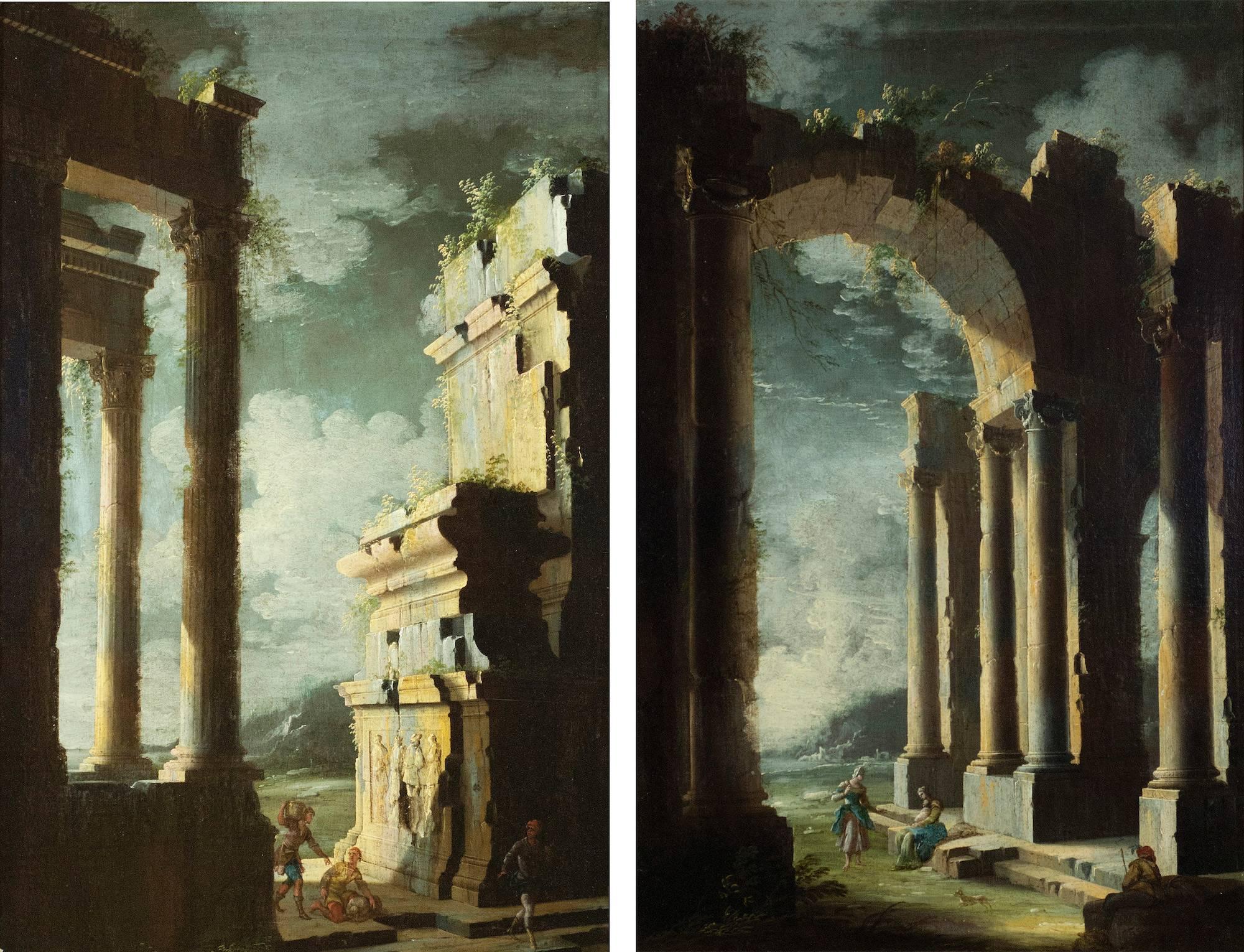 Leonardo Coccorante Landscape Painting - Pair of Early 18th Century Italian Architectural Paintings by Coccorante