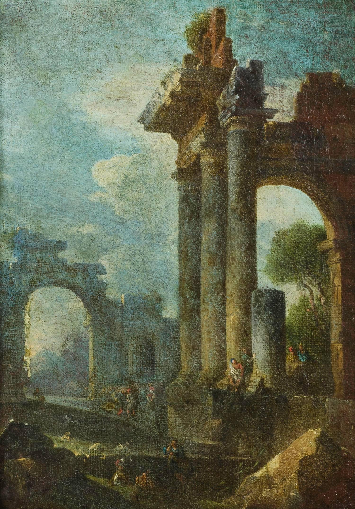 Accomplished 18th C. Roman School Grand Tour Architectural Ruins Painting - Black Landscape Painting by Unknown