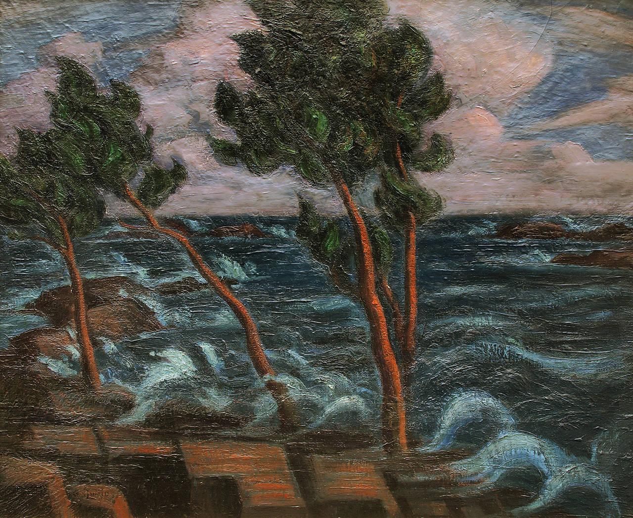 Untitled (Trees, Rocks & Sea) (Amerikanischer Impressionismus), Painting, von Carl Lindin