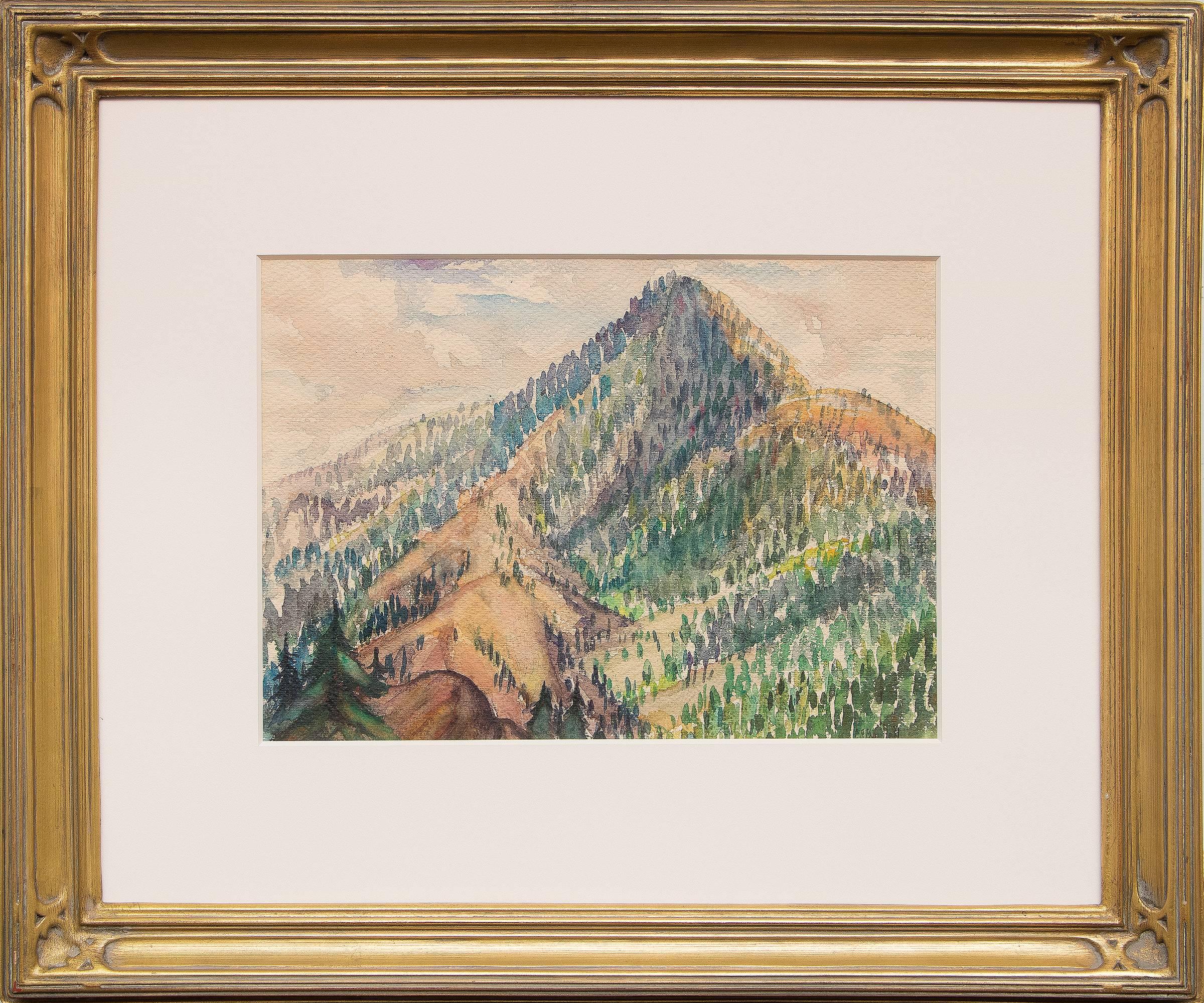 Landscape Painting Charles Ragland Bunnell - Cameron's Cone, Colorado Springs - Peinture aquarelle de paysage au coucher du soleil encadrée