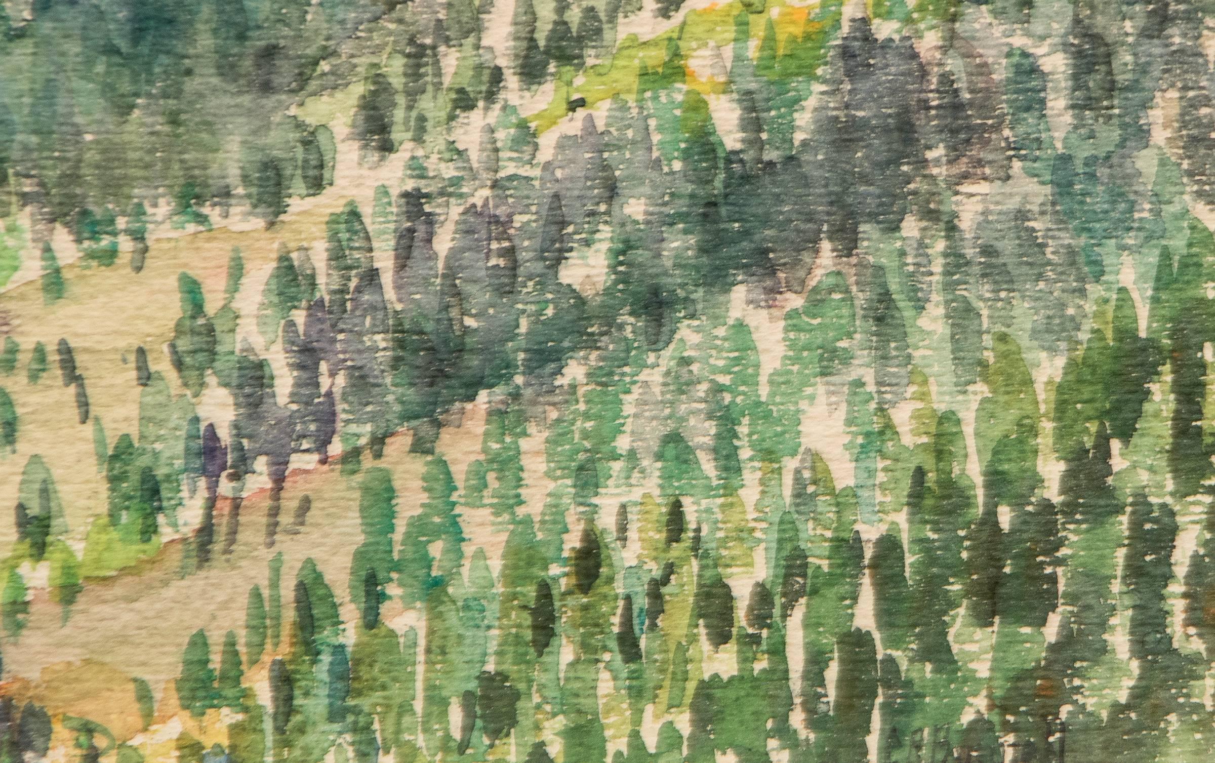 Aquarell auf Papier von Cameron's Cove außerhalb von Colorado Springs, Colorado, von Charles Ragland Bunnell aus den 1930er Jahren. Eine malerische Berglandschaft in Grün-, Blau- und Brauntönen. Die Außenmaße betragen 19 ¾ x 23 ¾ x 1 ¼ Zoll,