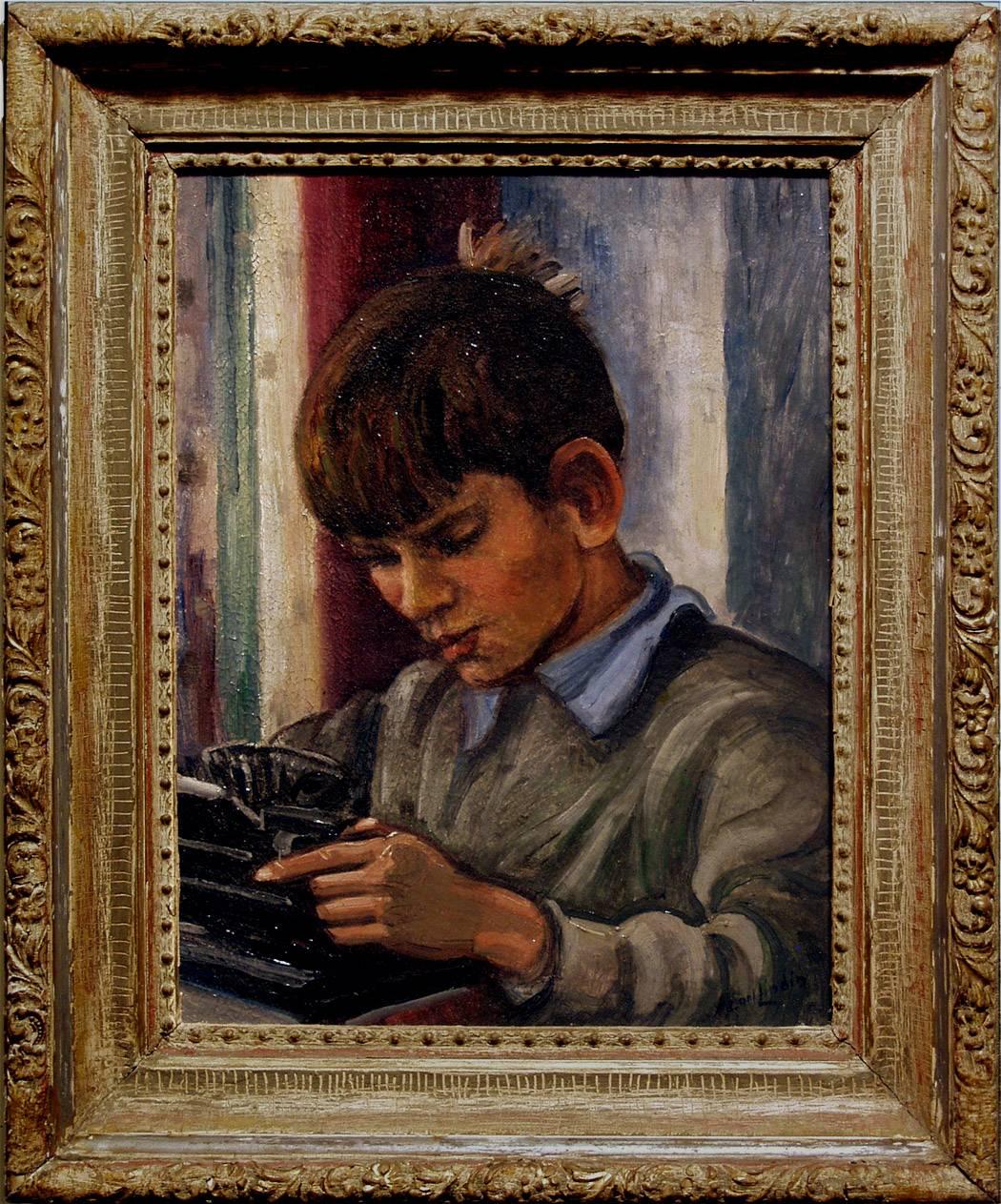 Carl Lindin Portrait Painting - Portrait of a Boy at a Typewriter Untitled Oil Painting Interior Genre Scene