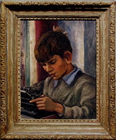 Portrait of a Boy at a Typewriter Untitled Oil Painting Interior Genre Scene