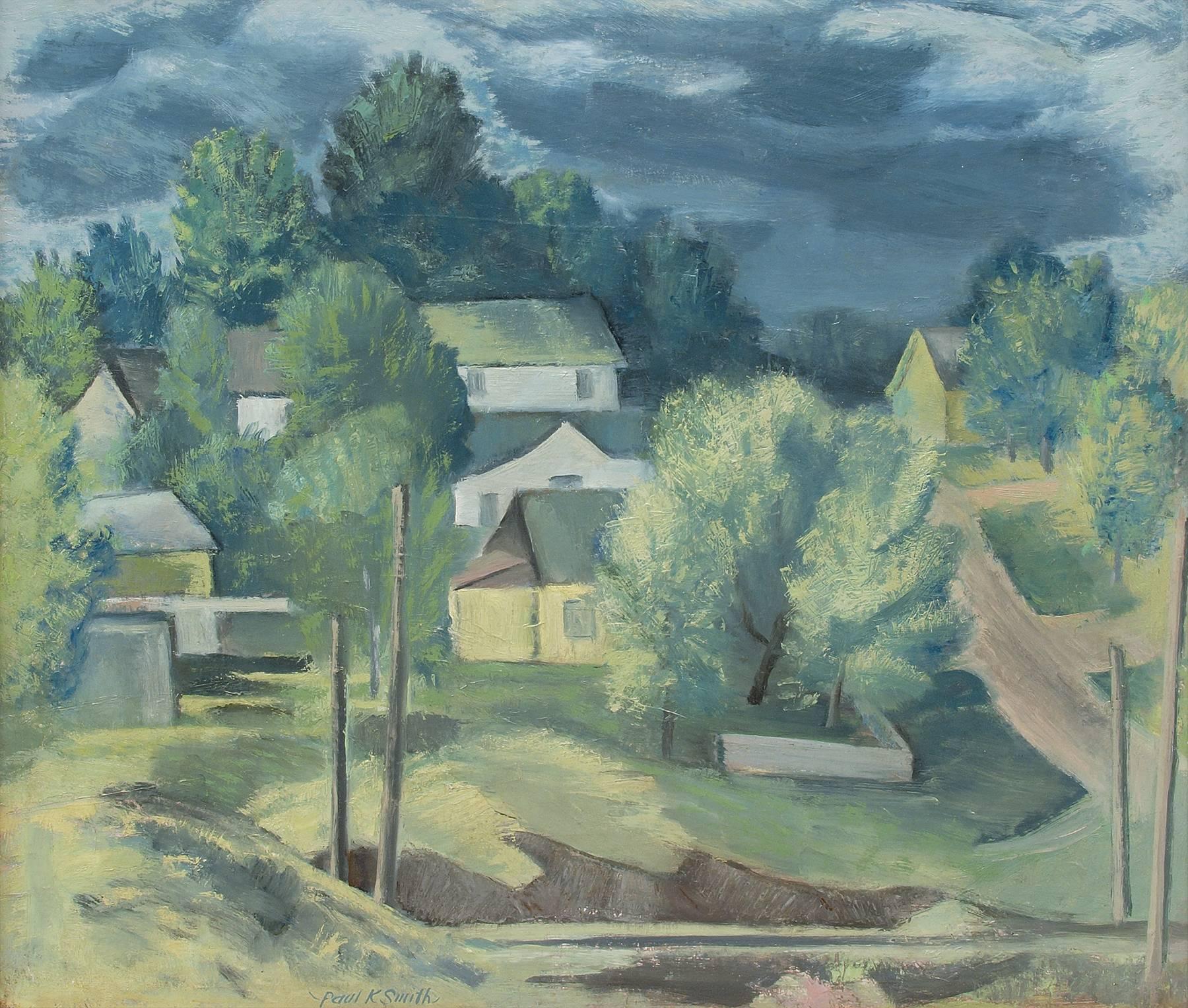 Colorado Hill Town with Storm Clouds, 1940s Modernist Landscape, Green Blue - Painting by Paul Kauver Smith