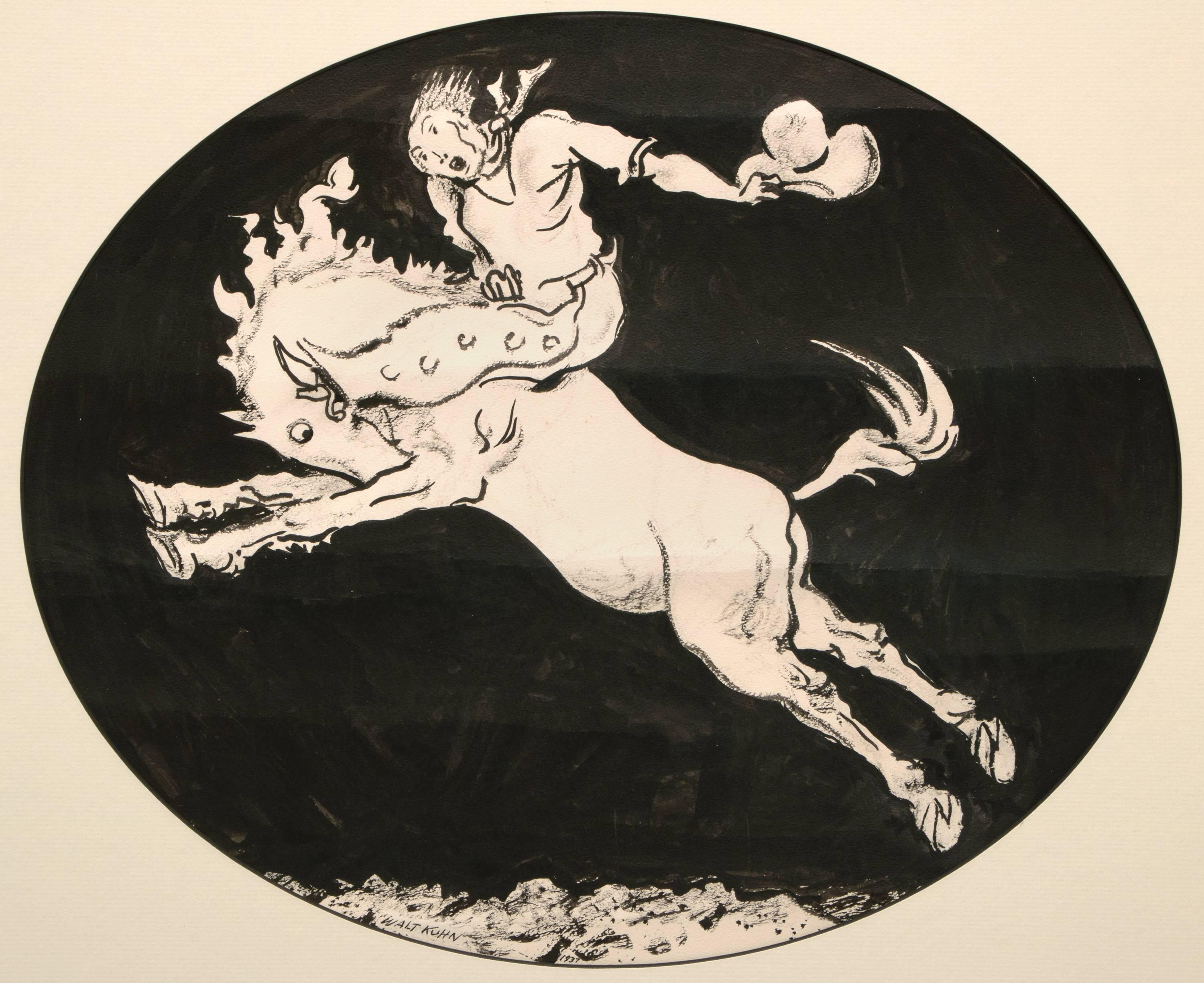 Rider on Bucking Bronco (Original Artwork for 1937 Sun Valley Rodeo Poster) - Beige Figurative Art by Walt Kuhn