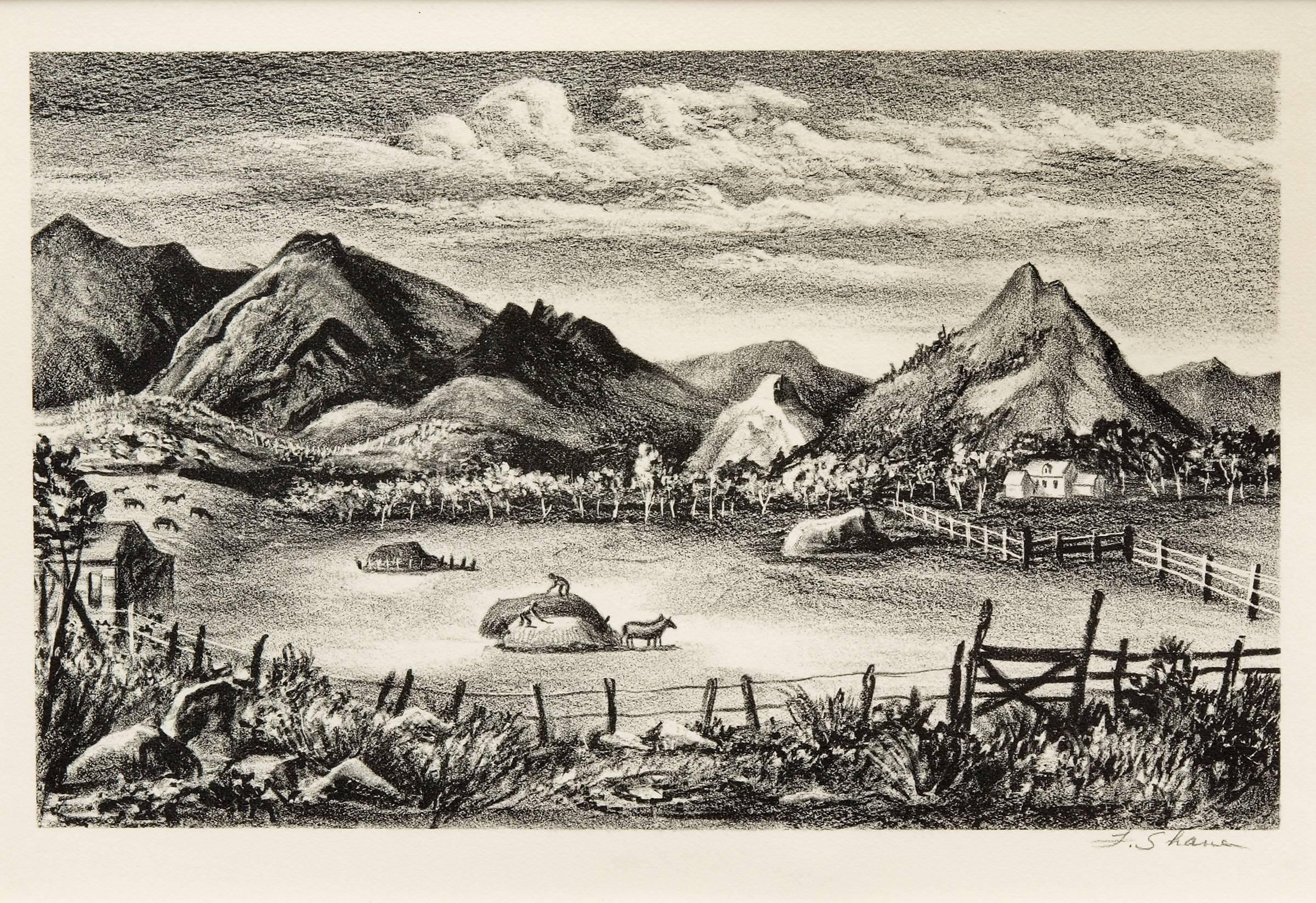 Farm in the Rockies (Colorado), Lithograph, Colorado Mountain Landscape  - Print by Frederick Shane