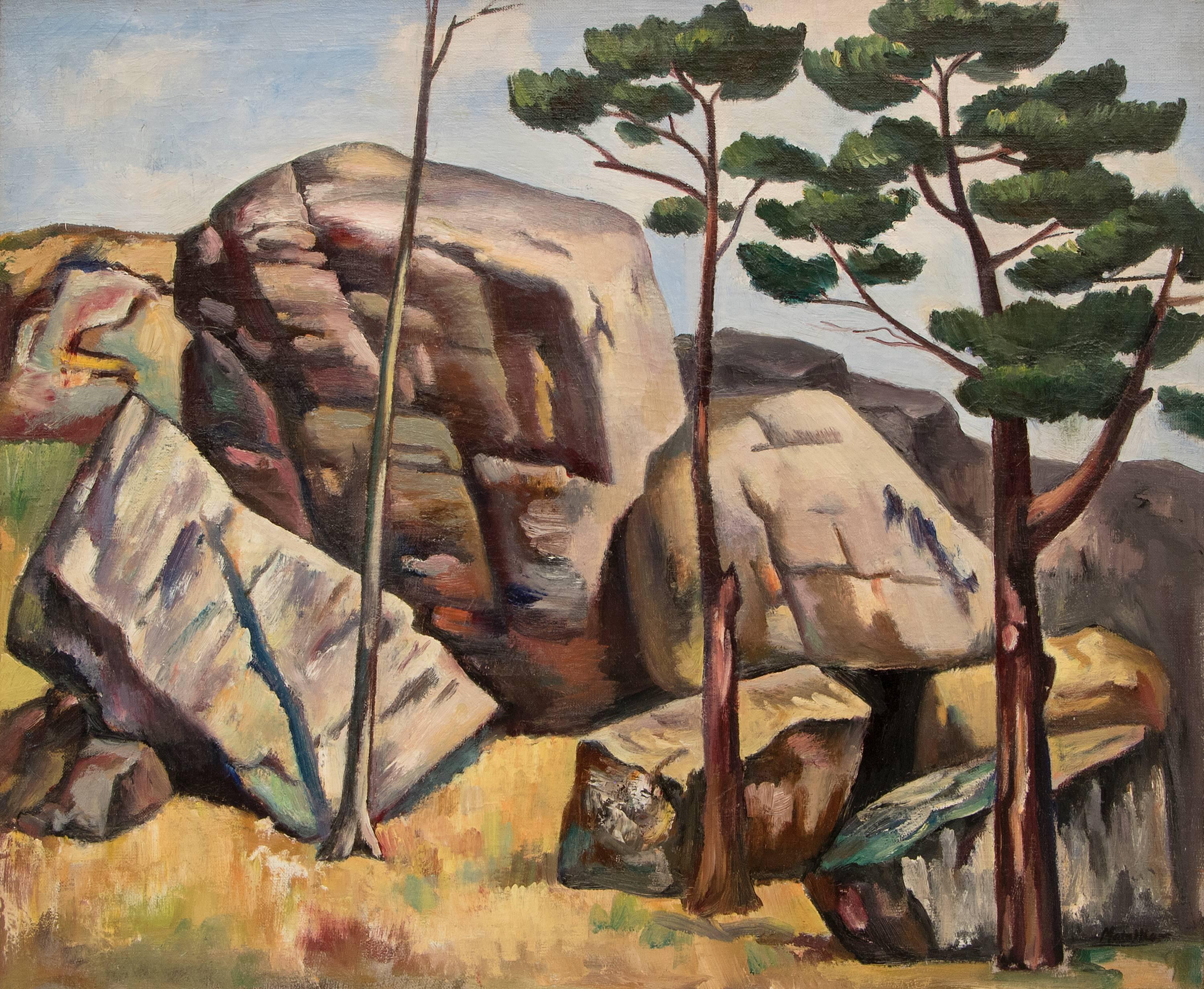Paysage de montagne moderniste des années 1920, peinture à l'huile encadrée du Colorado, 63,5 x 76 cm - Modernisme américain Painting par Jan Matulka