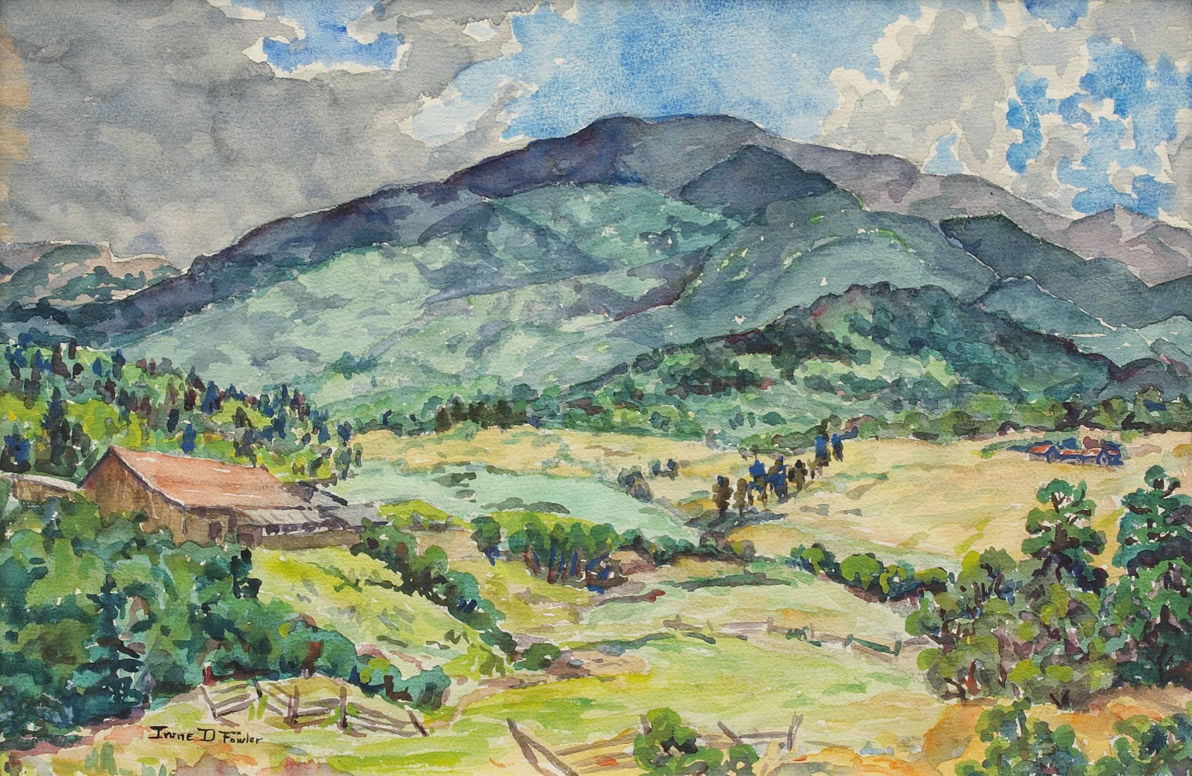 Ranch de montagne moderne d'été du Colorado, peinture à l'aquarelle - Painting de Irene D. Fowler