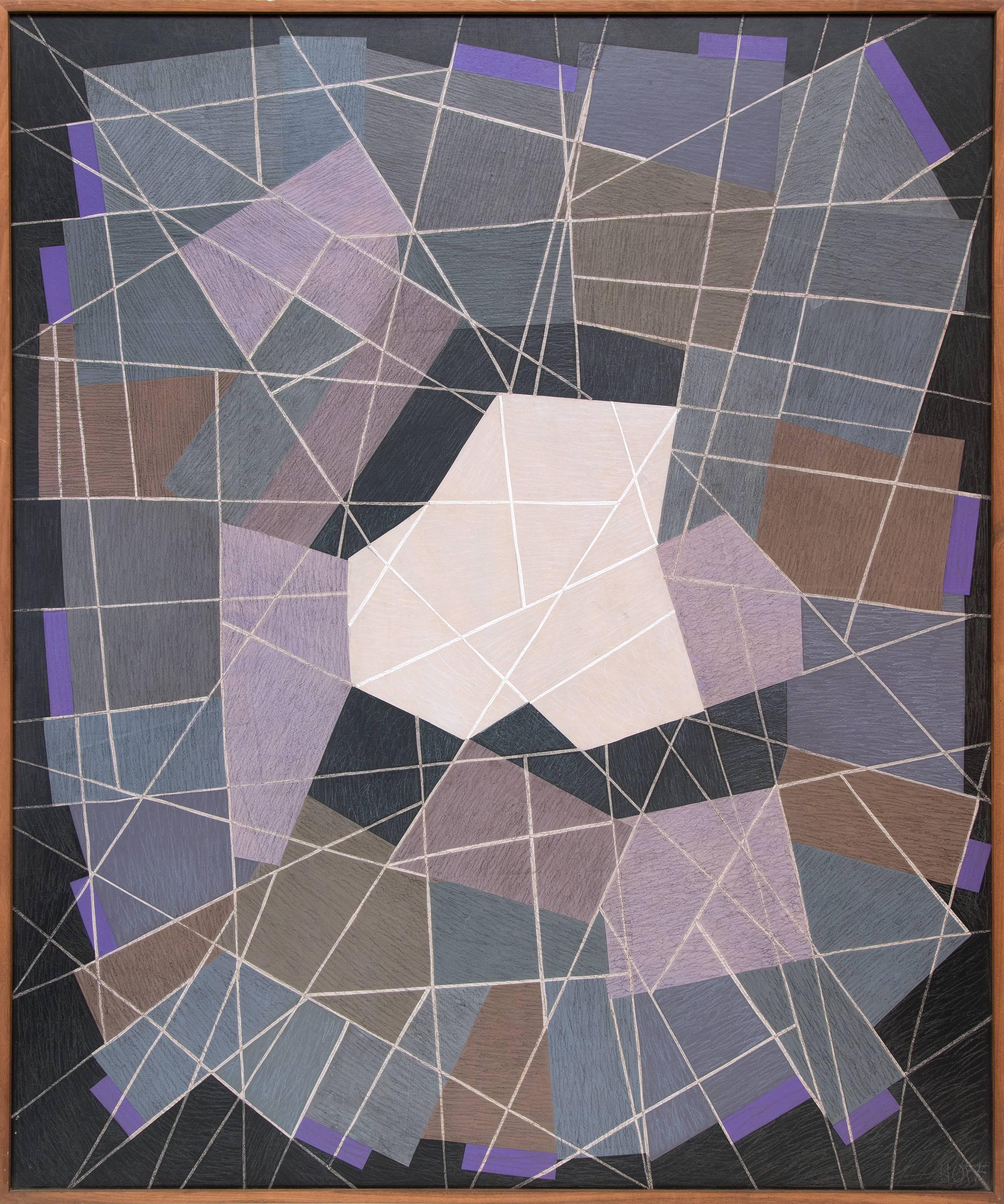 Ein original signiertes gerahmtes abstraktes expressionistisches Gemälde der Chicagoer Künstlerin Margo Hoff (1910-2008) aus der Mitte des Jahrhunderts. "Stone Quarry" wurde mit Acryl, Buntstift und Papiercollage auf Karton in den Farben Lila, Blau,
