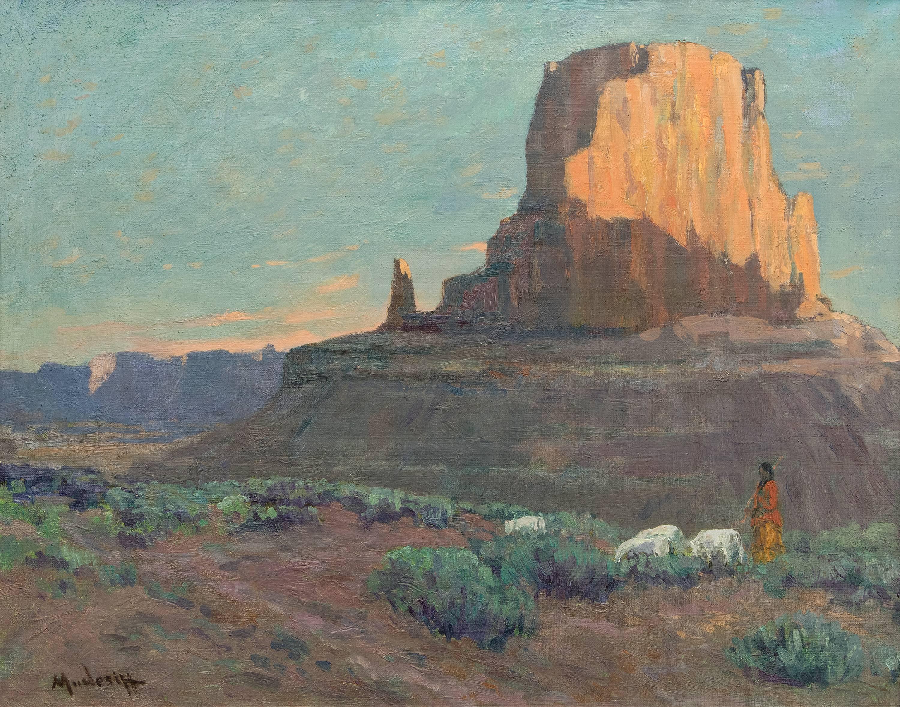 Navajo with Sheep - Painting by John Modesitt