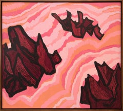 Peinture de paysage abstrait Jagged Sea, années 1960, tons de rose, rouge, orange 