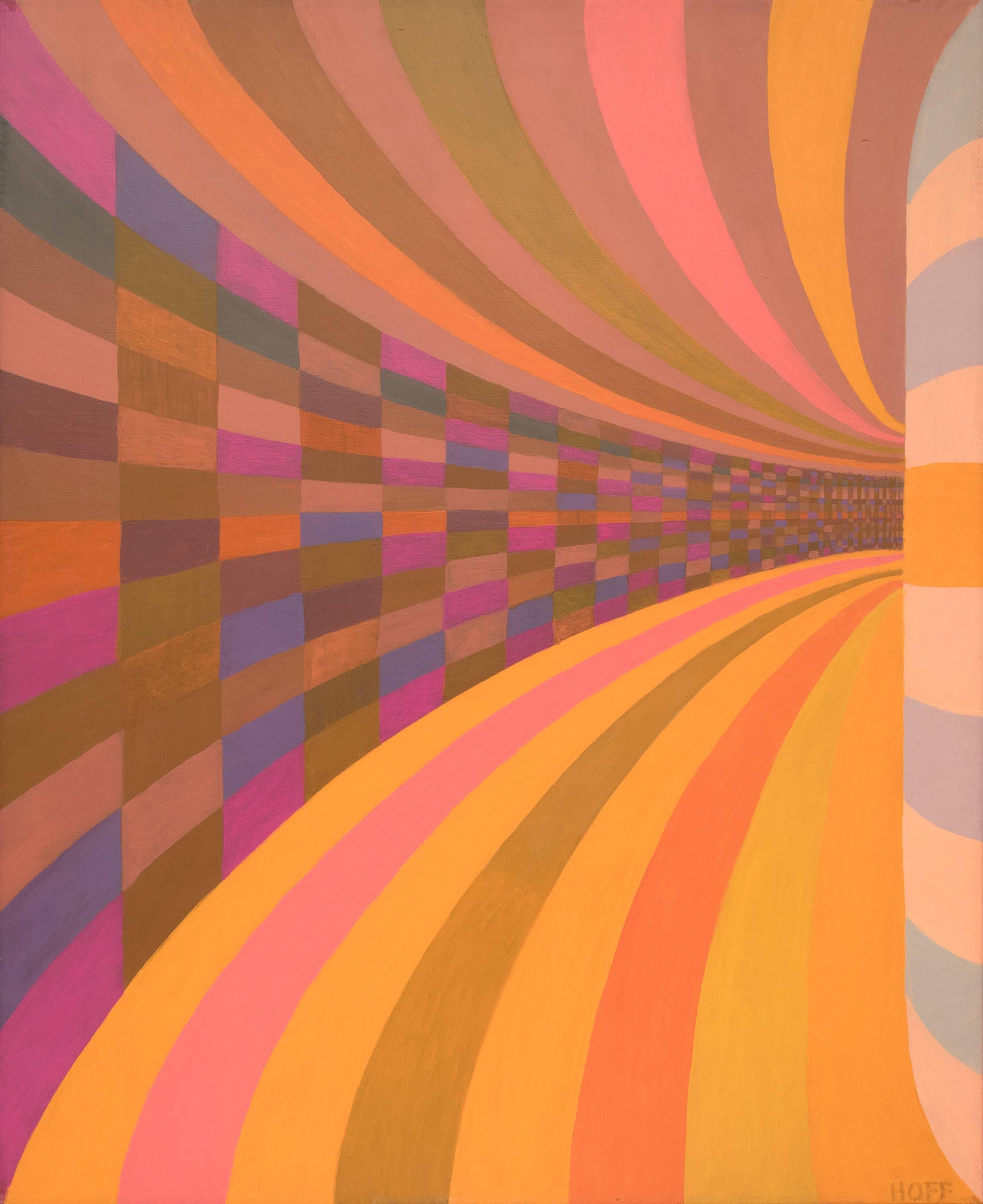 Tunnel de couleurs, peinture à l'huile géométrique abstraite colorée des années 1970, rose, orange, bleu - Painting de Margo Hoff
