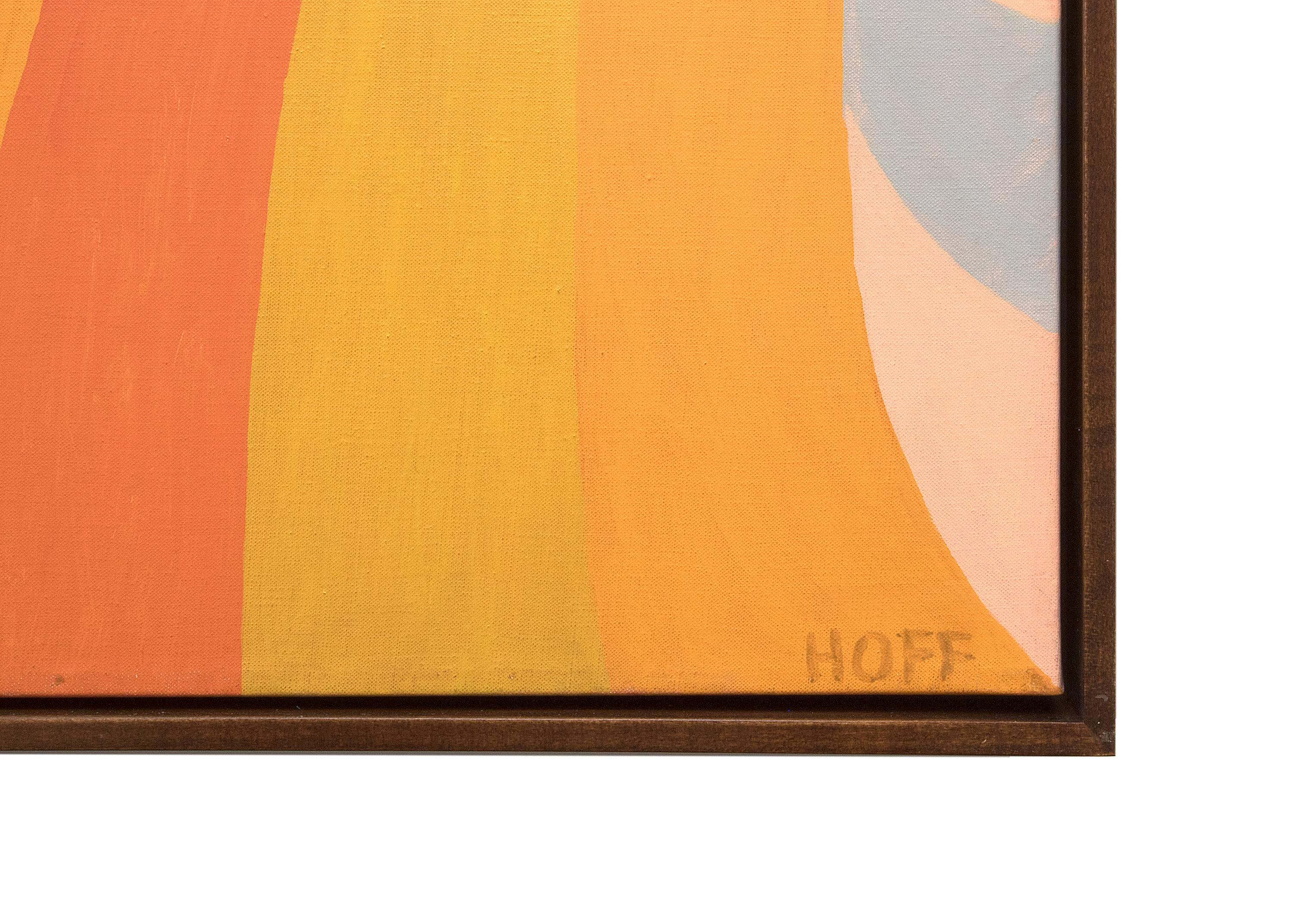 Original oil abstract geometric by female artist, Margo Hoff (1910-2008). Signed by the artist in the lower right corner. Colorful painting in shades of orange, pink, blue, and purple. Presented in a custom frame, outer dimensions measure 46 ¼ x 37