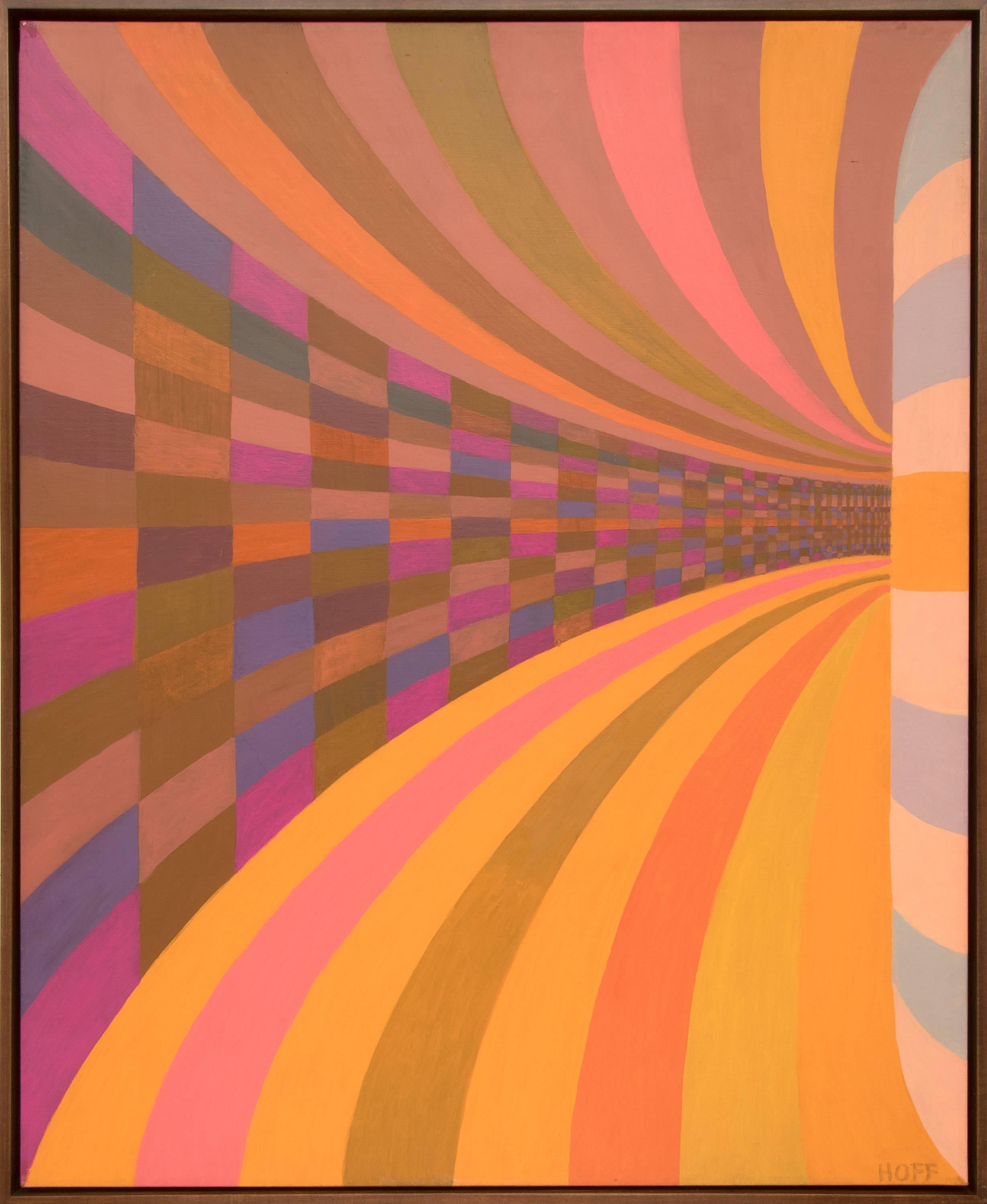 Abstract Painting Margo Hoff - Tunnel de couleurs, peinture à l'huile géométrique abstraite colorée des années 1970, rose, orange, bleu