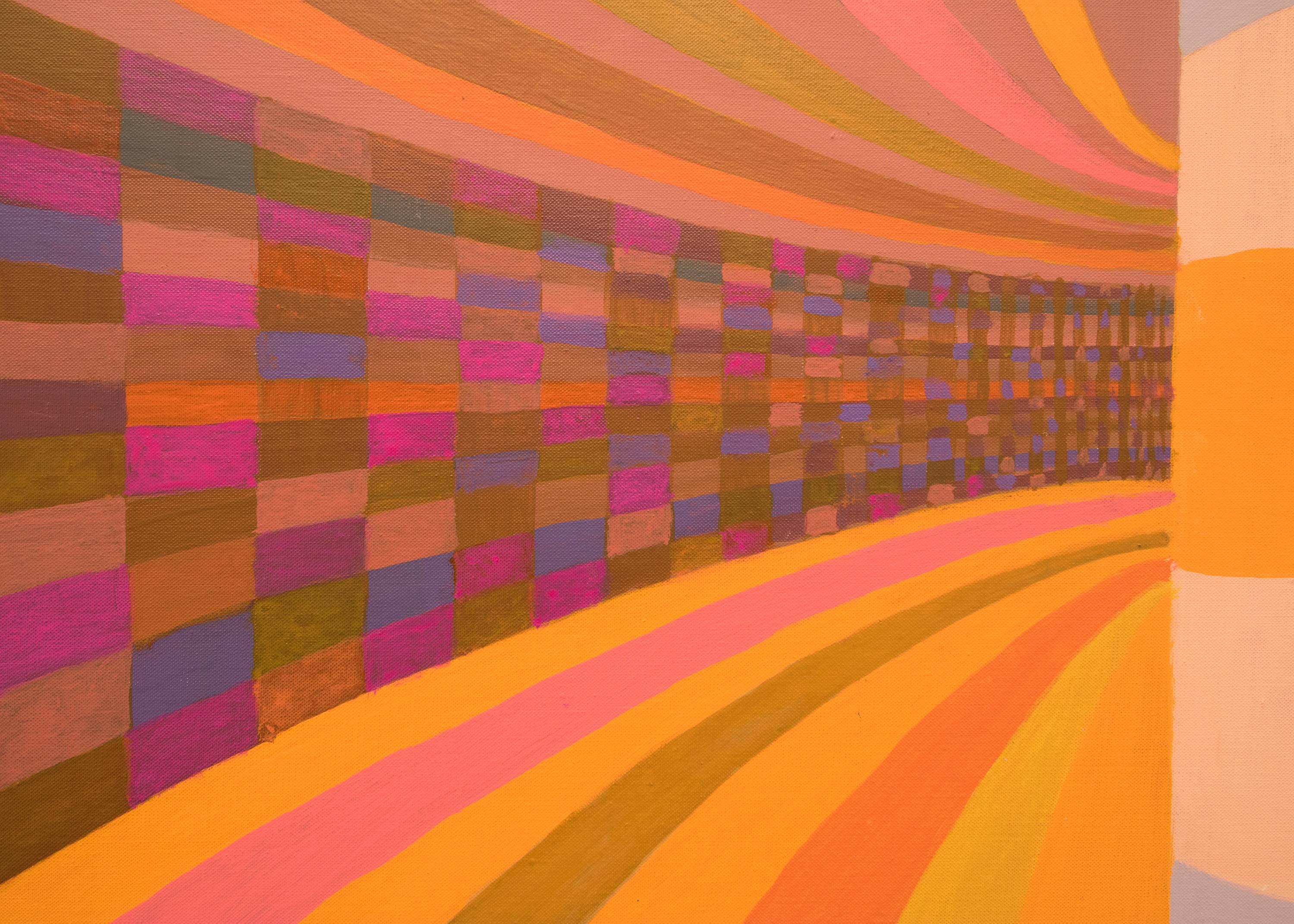 Tunnel de couleurs, peinture à l'huile géométrique abstraite colorée des années 1970, rose, orange, bleu - Orange Abstract Painting par Margo Hoff