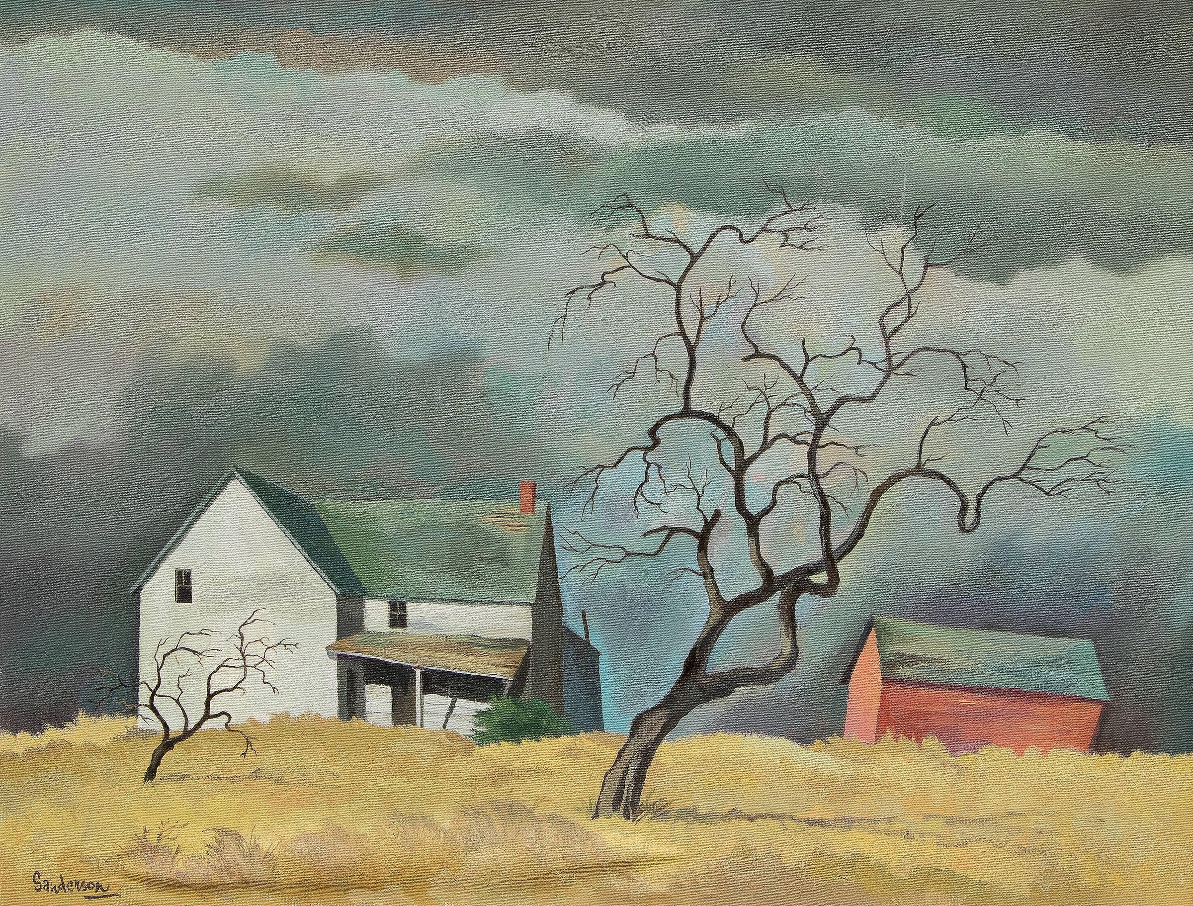Red Barn and Tree (Surrealist/Modernist Colorado Landscape) - Painting by William Sanderson