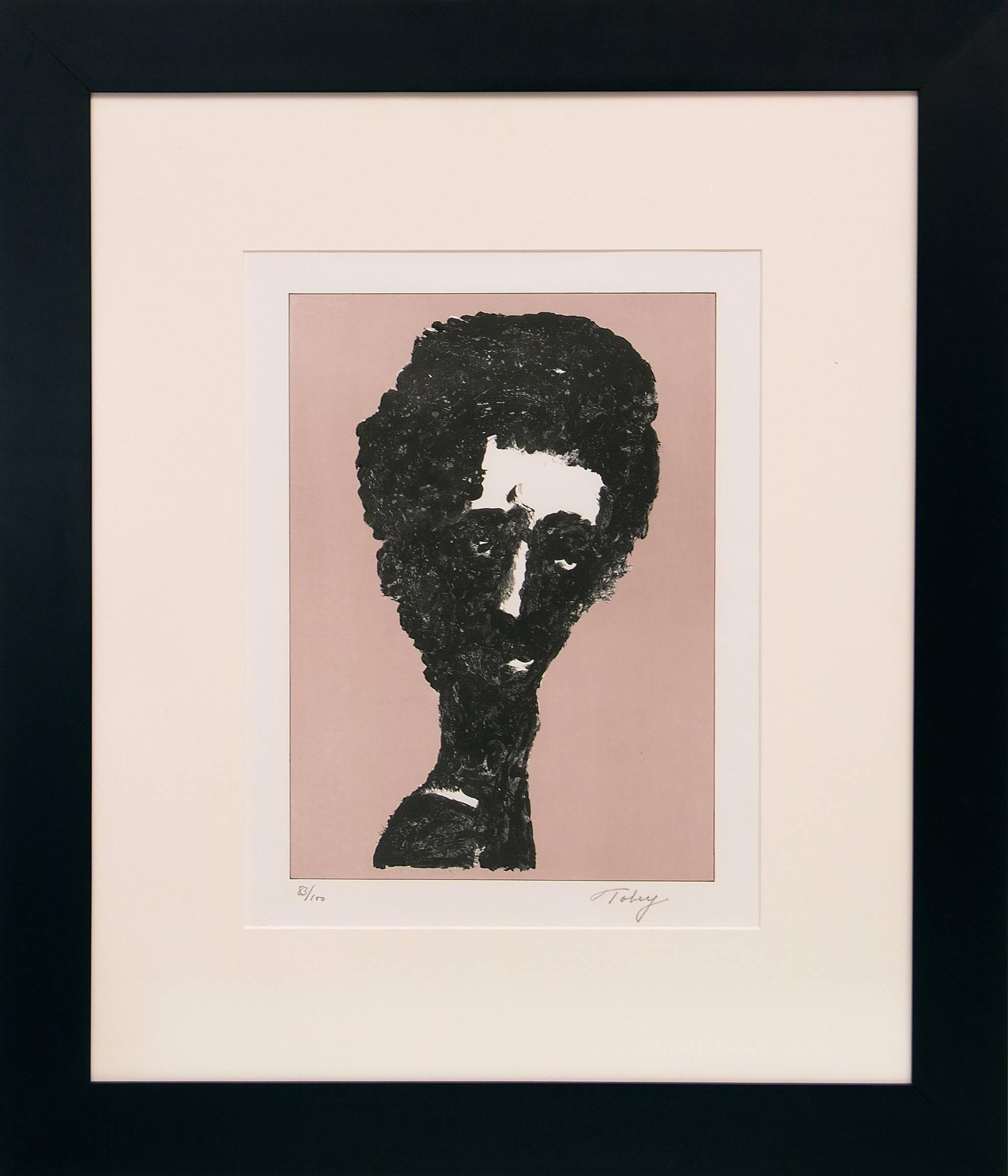 Mark Tobey Portrait Print - Head of a Man, Portrait by Mark Toby; Signed Lithograph 83/100, Pink Black White