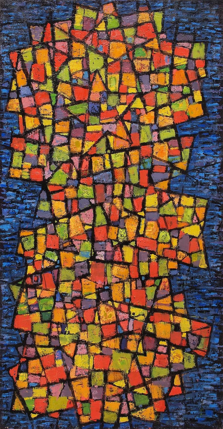Painted Mosaic, Geometric Abstract: Blue, Golden Yellow, Orange, Green, Purple - Painting by Paul Kauver Smith