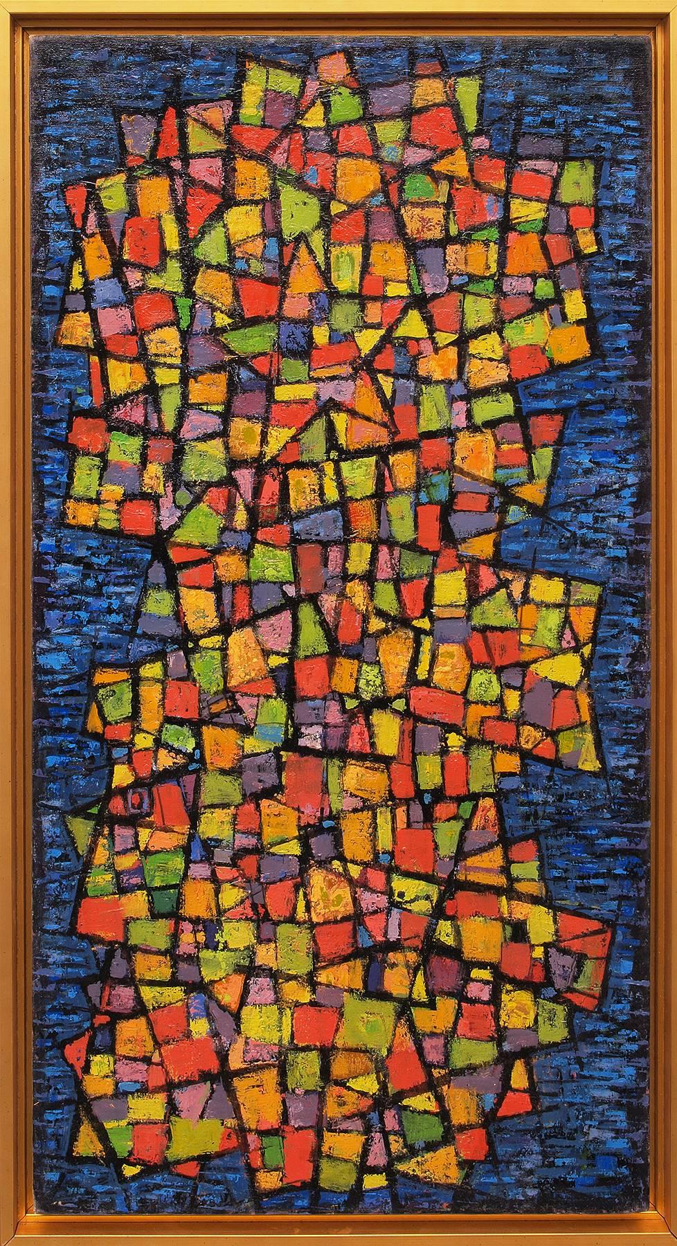 Paul Kauver Smith Abstract Painting - Painted Mosaic, Geometric Abstract: Blue, Golden Yellow, Orange, Green, Purple
