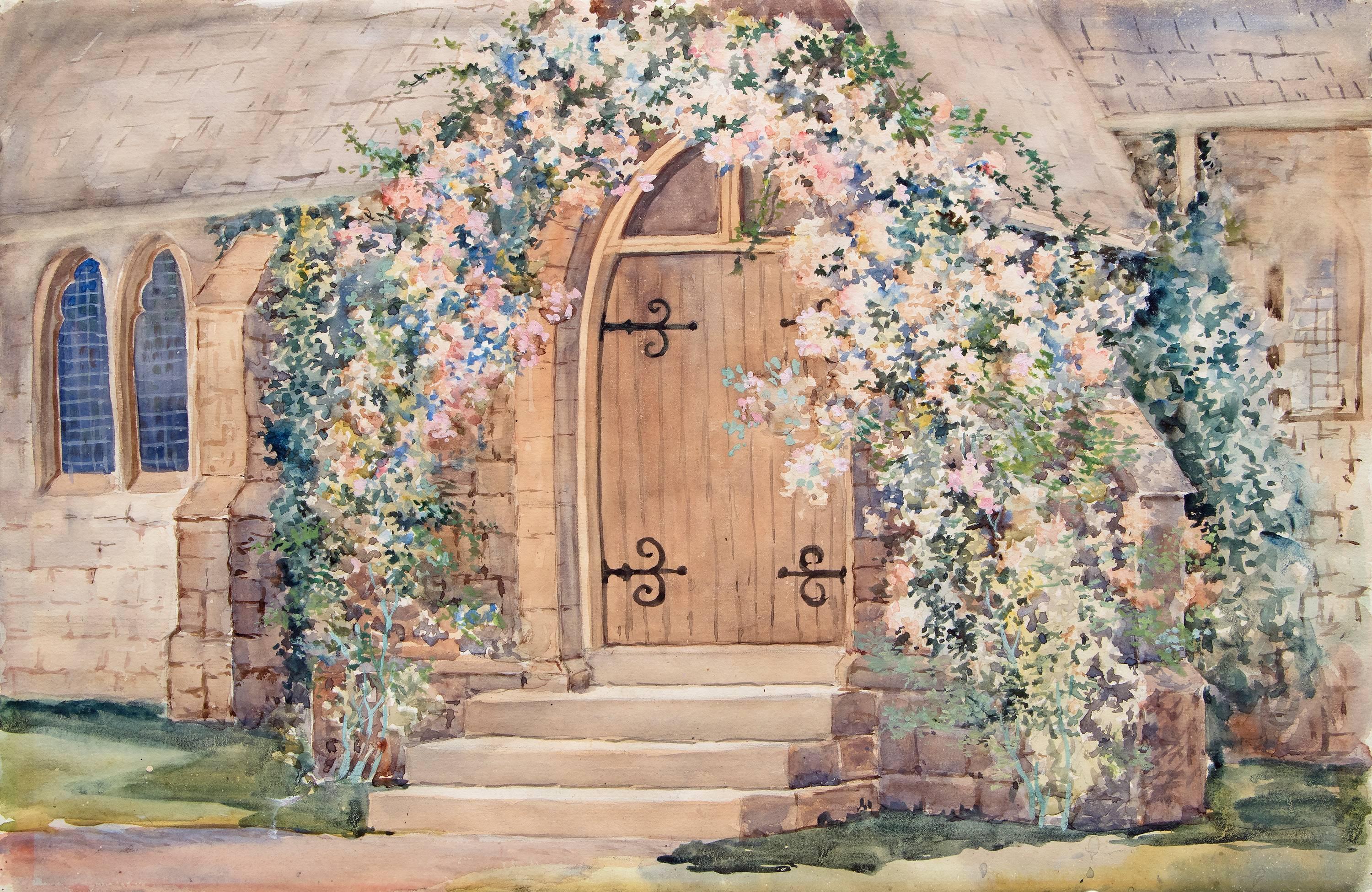 St. Andrew's Episcopal Church, Flowering Vines, Manitou, Colorado, Circa 1915 - Painting by Maude Leach