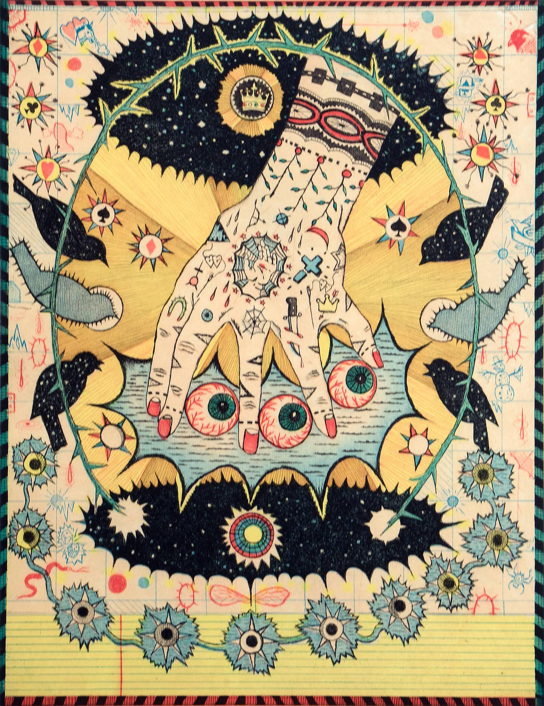La mano de Ismael, Gran grabado original de 1997, Amarillo, Azul, Negro, Rojo - Painting de Tony Fitzpatrick