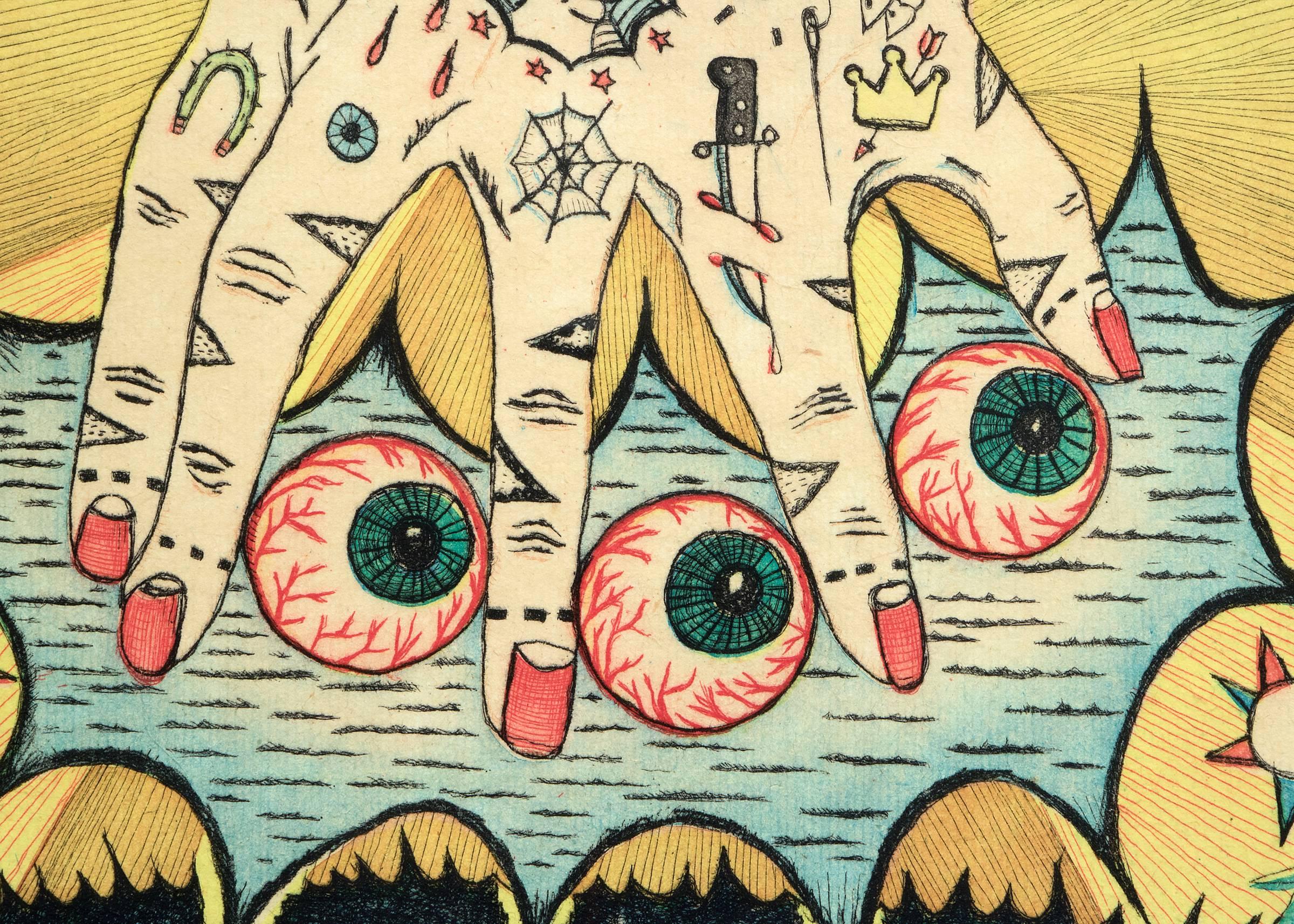 La mano de Ismael, Gran grabado original de 1997, Amarillo, Azul, Negro, Rojo en venta 1