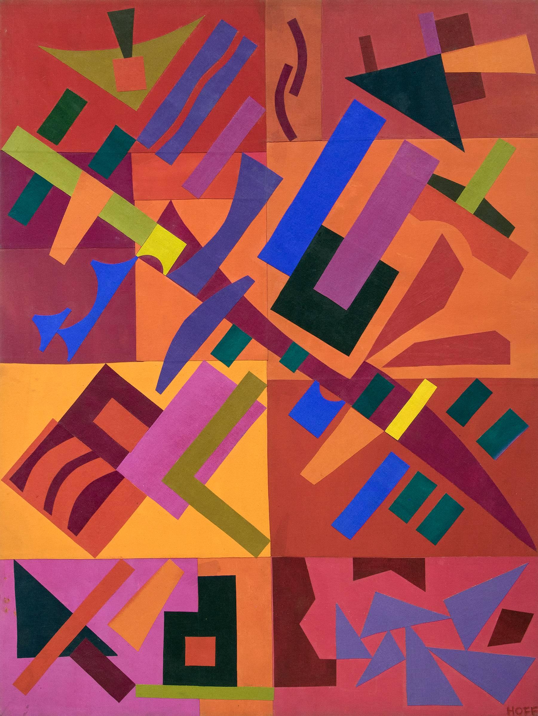 Abstract Painting Margo Hoff - Célébration, collage de toile abstraite et peinture à l'acrylique, rose orange vert