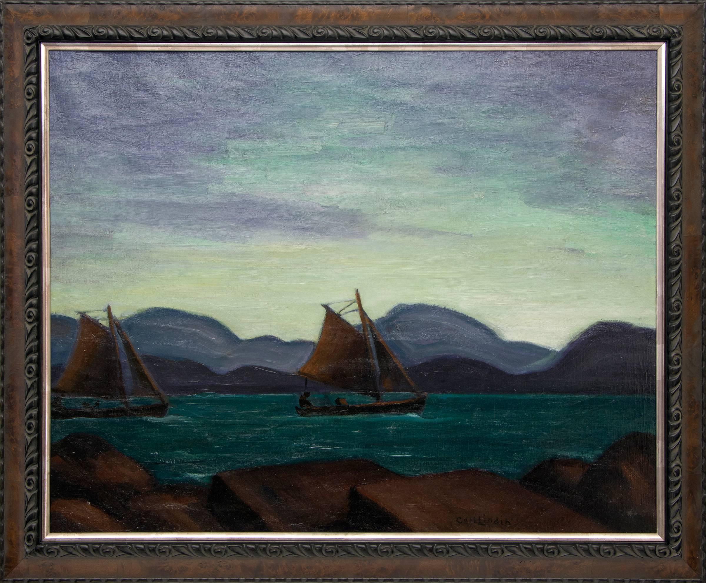 Waterways (Lysekil, Schweden), Großes gerahmtes Meereslandschaften-Ölgemälde, 1930er Jahre  – Painting von Carl Lindin
