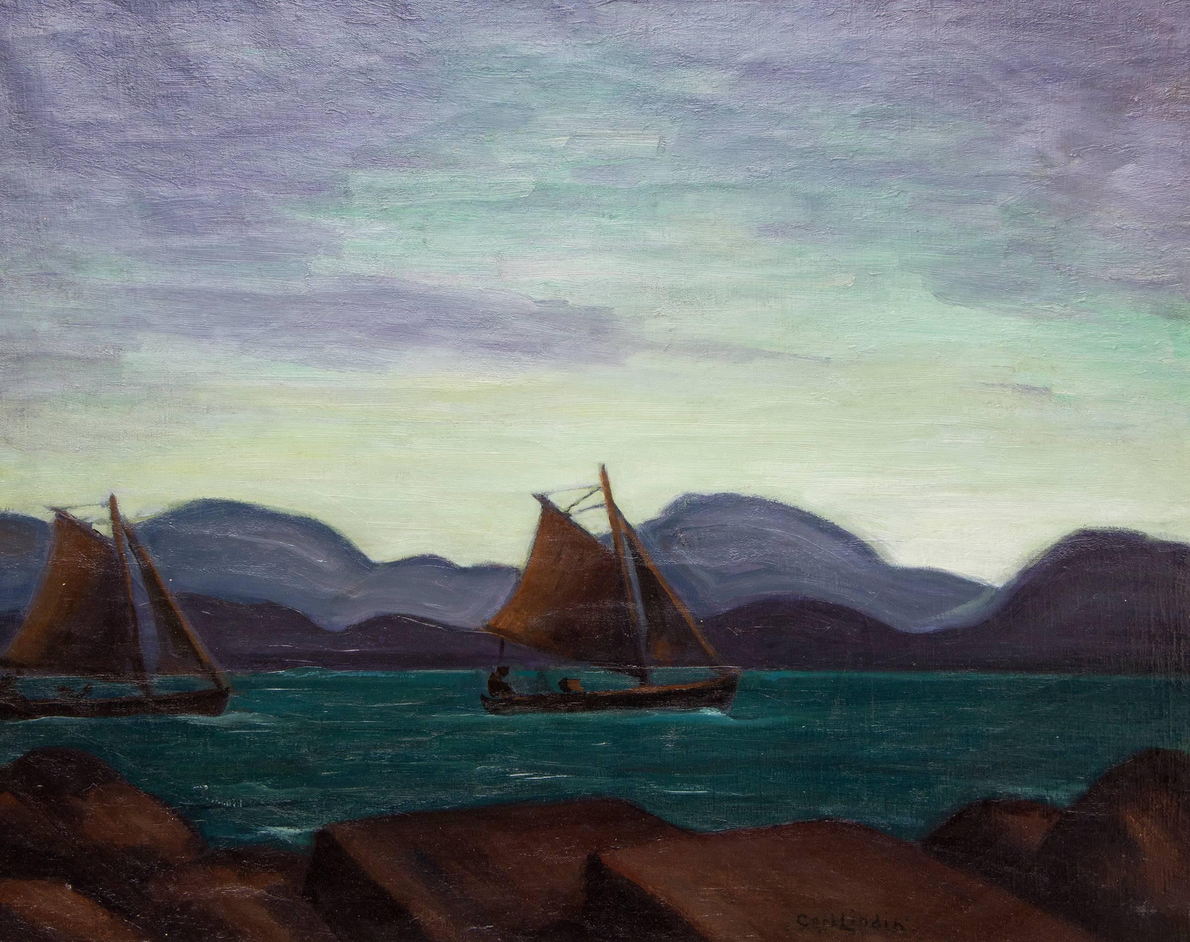 Carl Lindin Landscape Painting – Waterways (Lysekil, Schweden), Großes gerahmtes Meereslandschaften-Ölgemälde, 1930er Jahre 