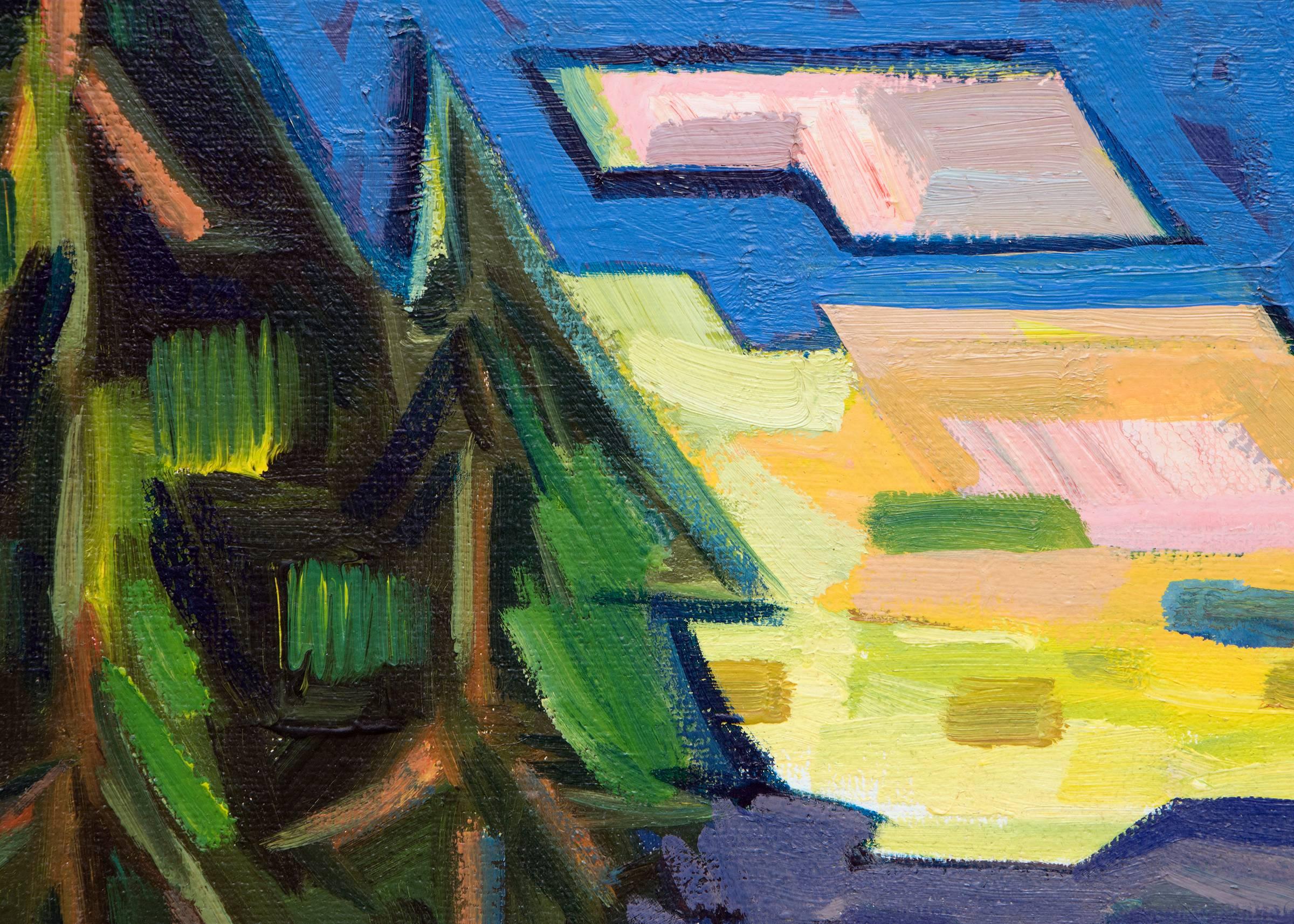 An abstracted view of a mountain lake (most likely from Colorado). Housed in a custom hardwood frame.  Outer dimensions measure 29.75 x 23.5 x 2 inches; image dimensions measure 24 x 18 inches. 

About the artist: 
Educated by the foremost artists