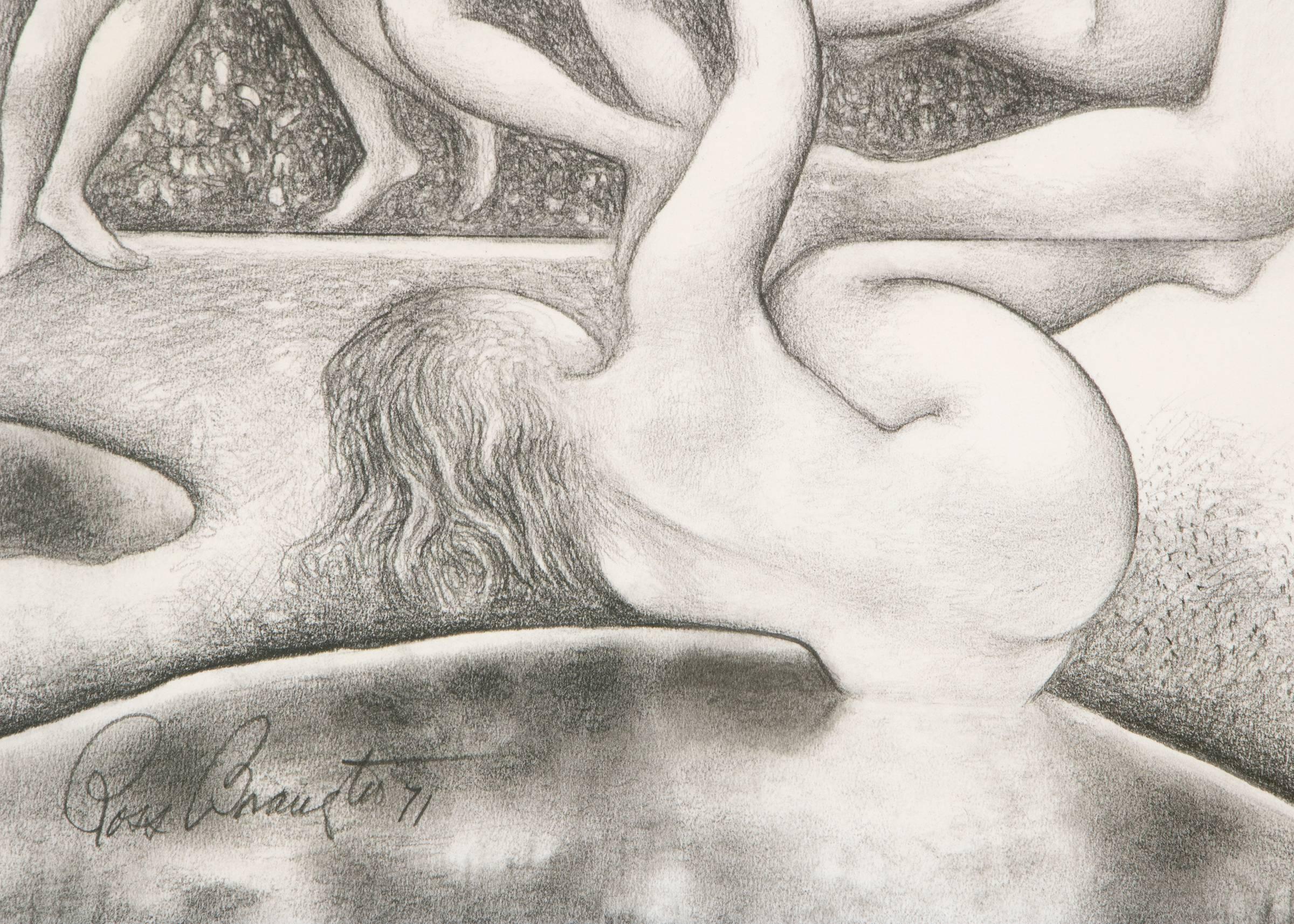 Nude Figures in Landscape (Black & White Modernist Composition) - American Modern Art by Ross Eugene Braught