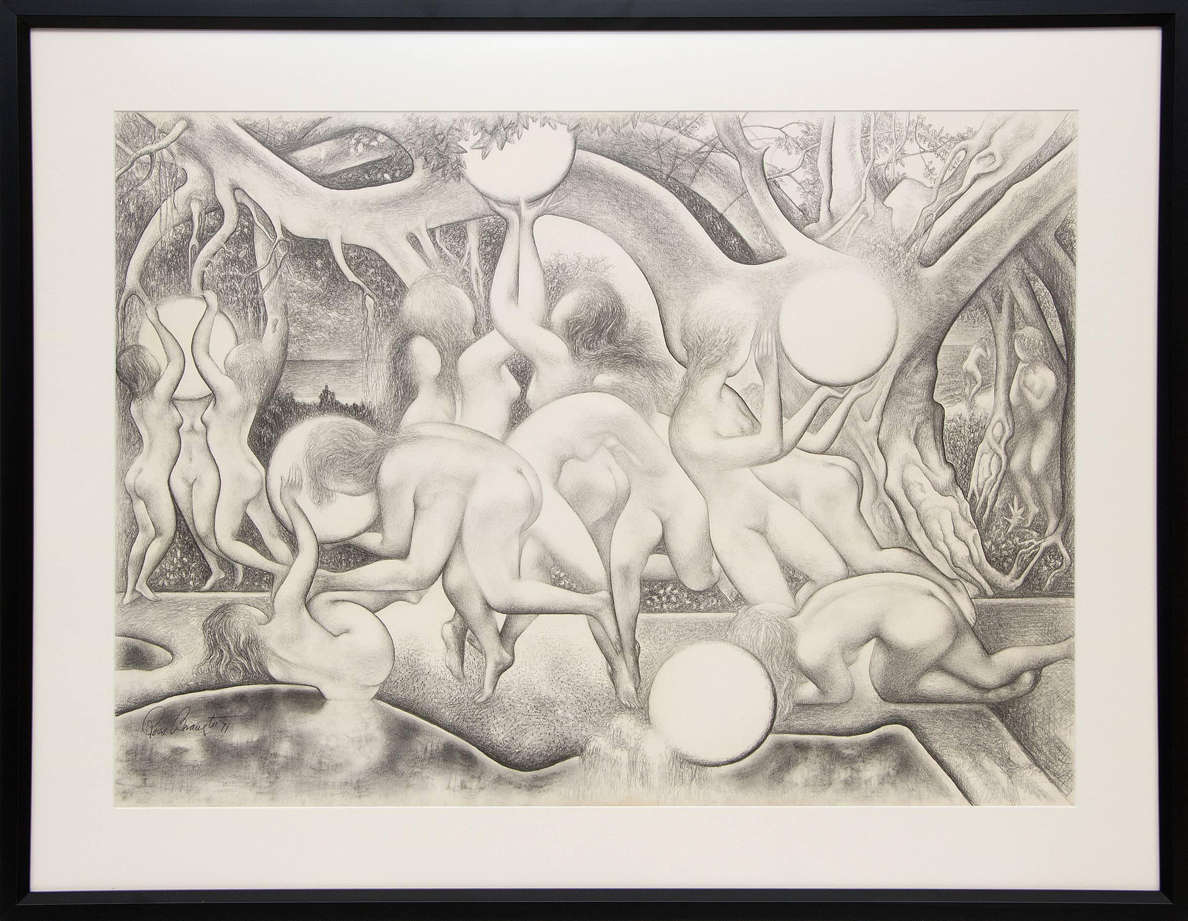 Nude Figures in Landscape (Black & White Modernist Composition) - Art by Ross Eugene Braught