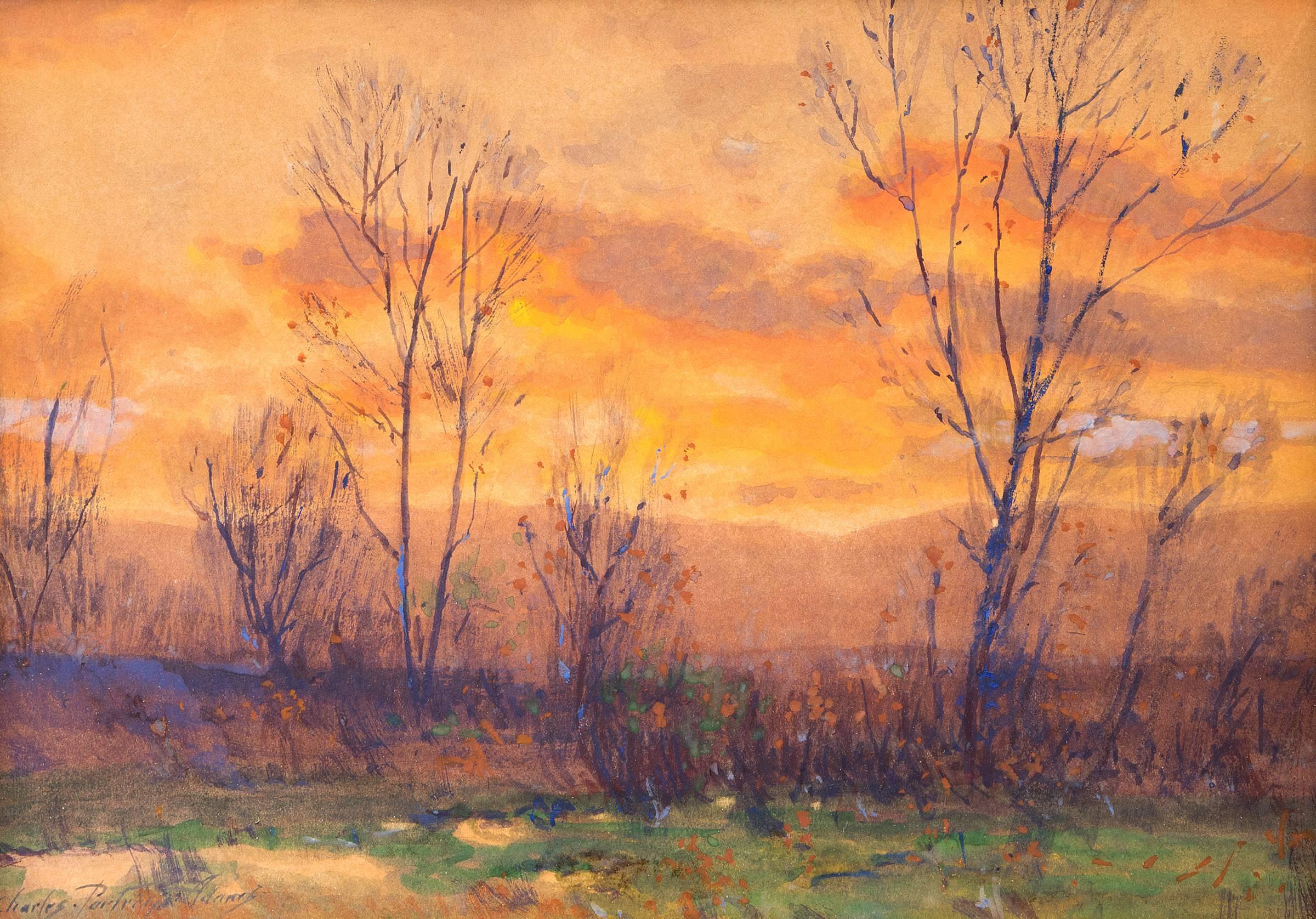 Landscape Painting Charles Partridge Adams - Peinture de paysage traditionnelle du coucher de soleil, le long de la chaîne frontale, Colorado, années 1900