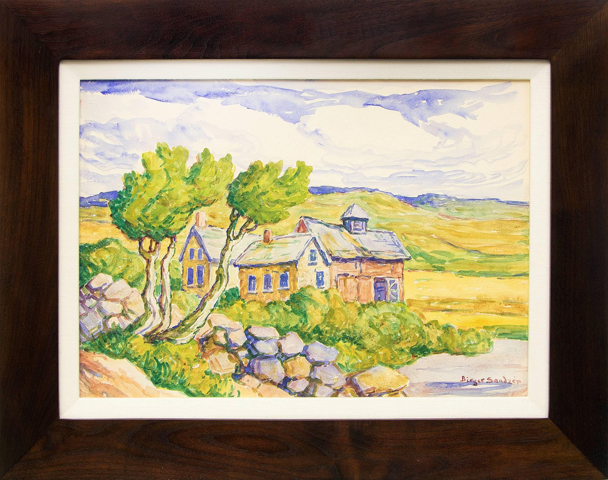 Birger Sandzen Landscape Painting - Kansas Farm (Prairie, River, Farm House and Barn)