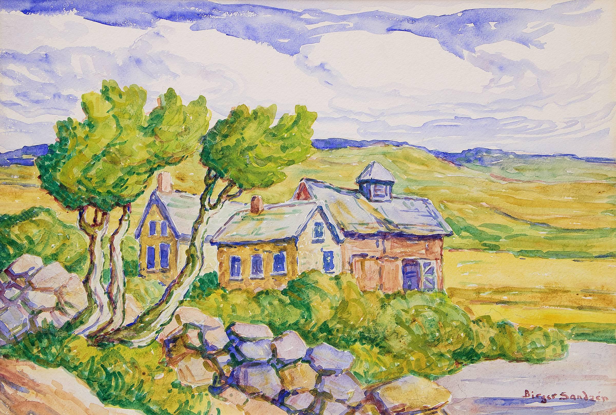 Kansas Farm (Prairie, River, Farm House and Barn) - Painting by Birger Sandzen