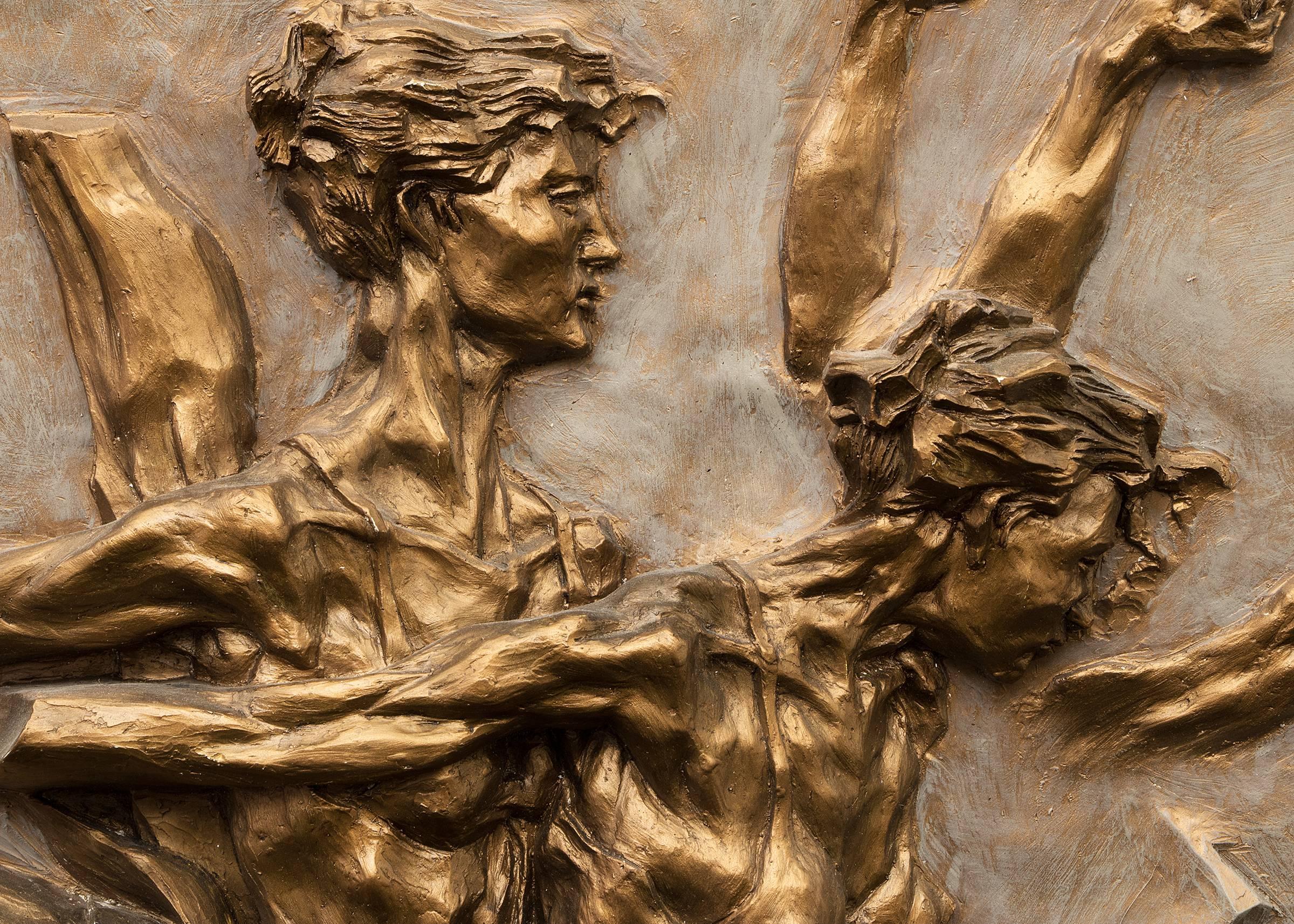 Arabesque, danseuse de ballet en mouvement, sculpture en bas-relief gris et bronze - Modernisme américain Art par Eric Bransby