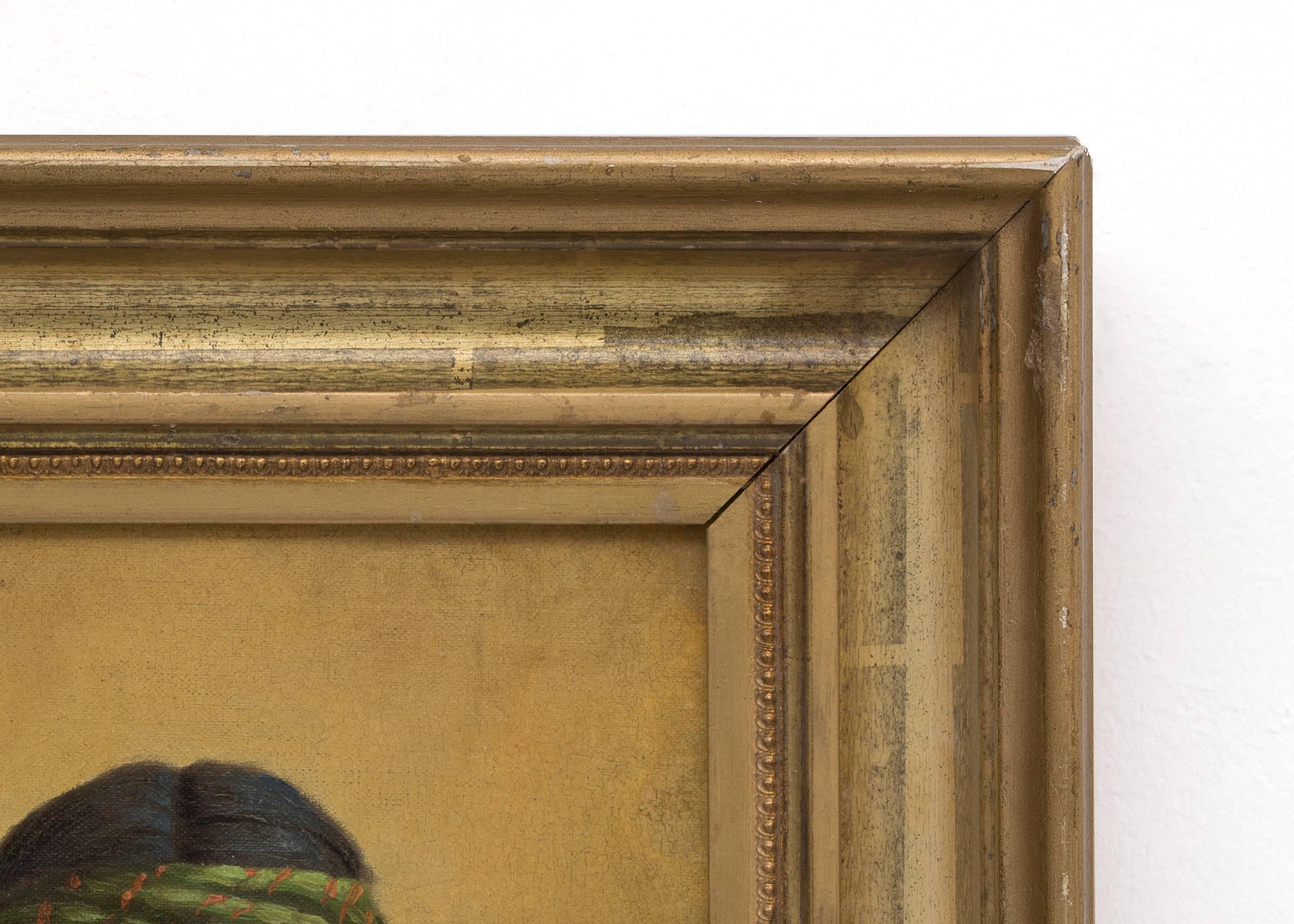 Oil on canvas laid on board with an illegible signature. Housed in a vintage frame; outer dimensions measure 13 x 9.75 x 1.75 inches. Image size is 9 x 6 inches.
