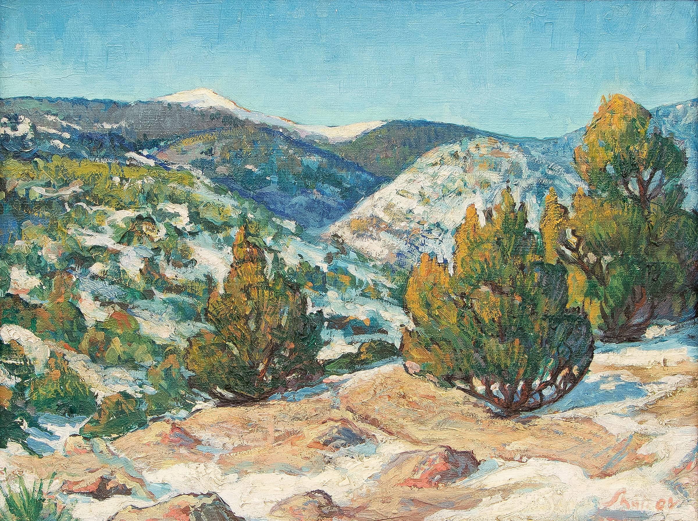 Taos Landscape, New Mexico, Modernist Landscape Trees Mountains, Green Blue - Painting by Martin Shaffer