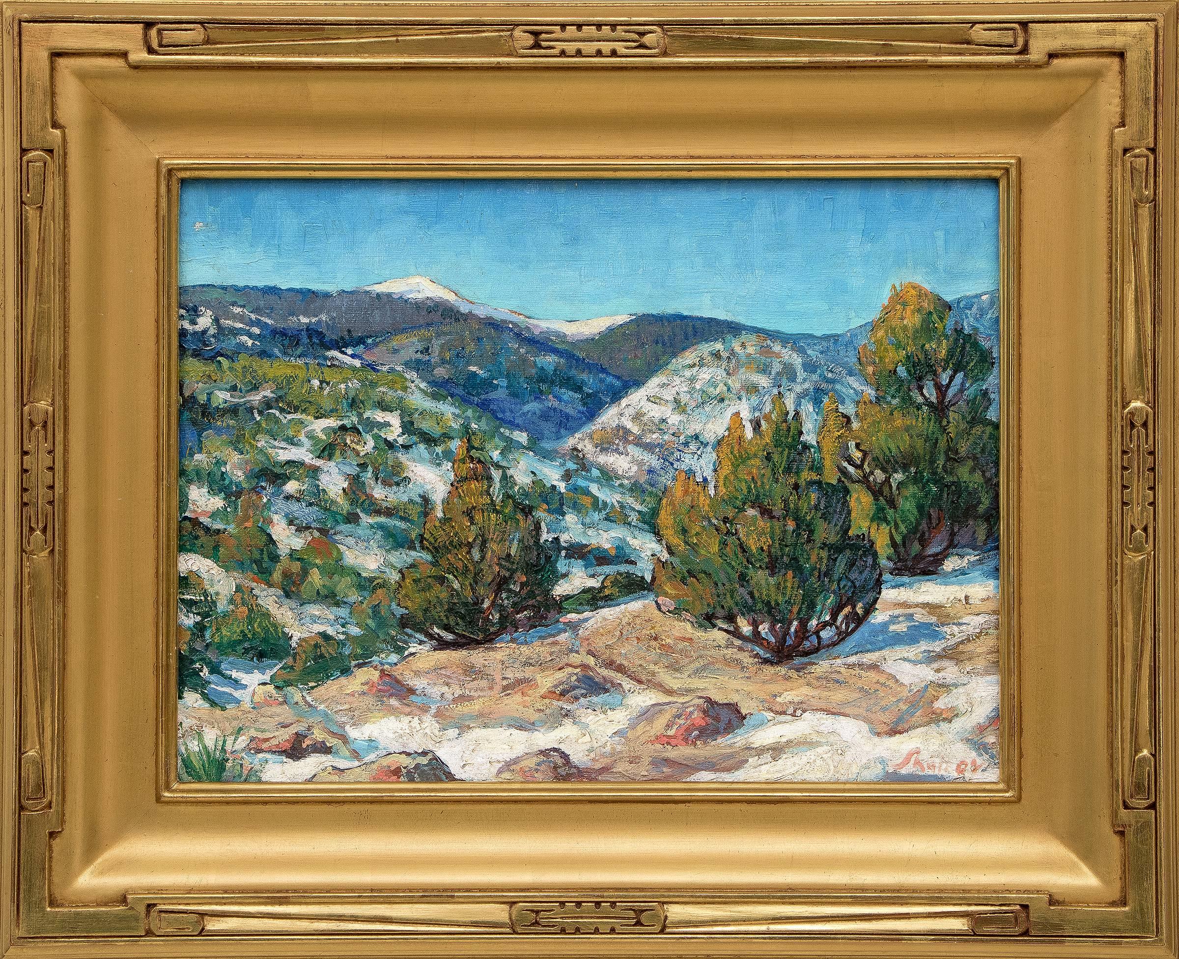 Martin Shaffer Landscape Painting - Taos Landscape, New Mexico, Modernist Landscape Trees Mountains, Green Blue