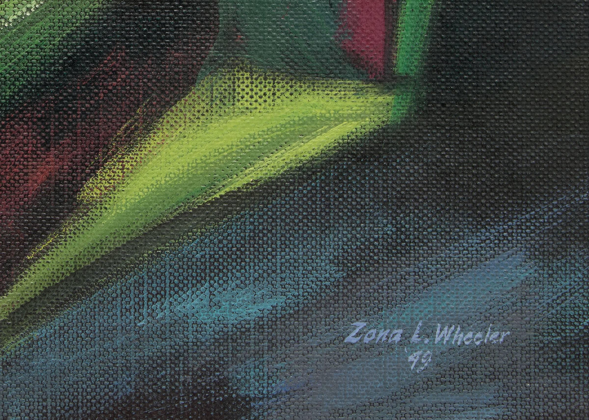 Landscap abstrait des montagnes du Colorado, peinture moderniste vert rose bleu - Abstrait Painting par Zona Wheeler
