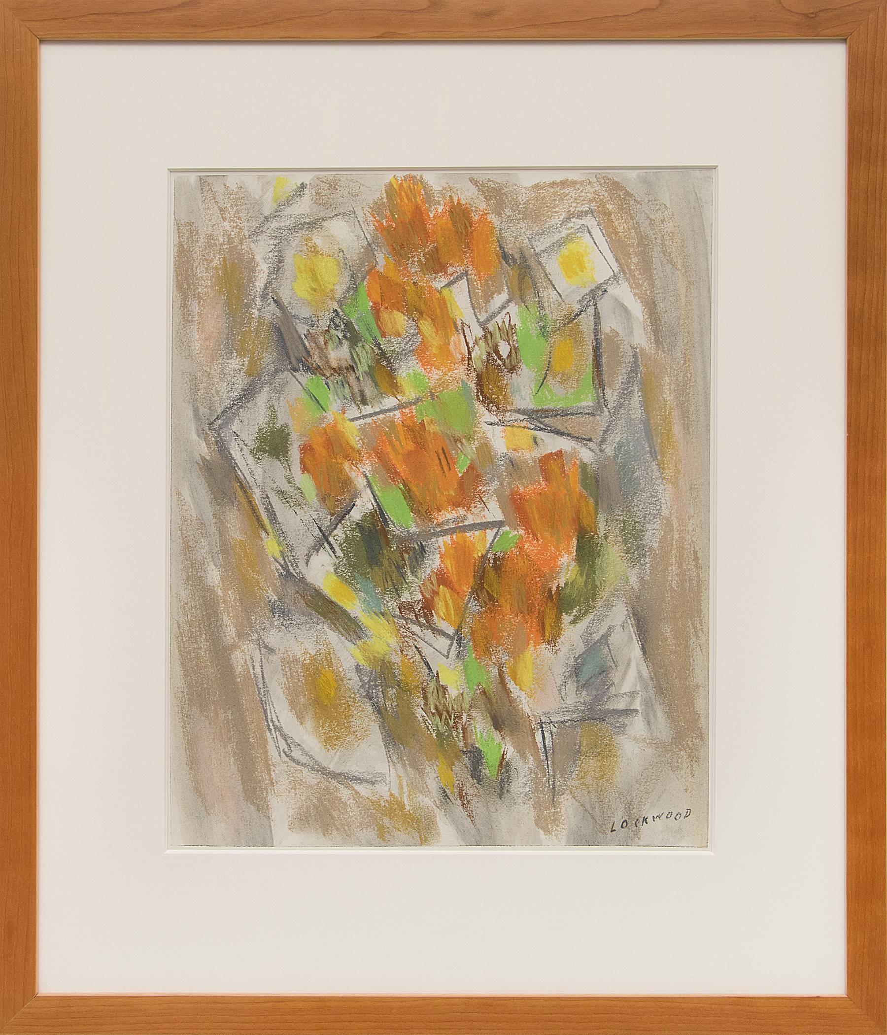 John Ward Lockwood Abstract Painting – Abstrakte geblümte Stilllebenzeichnung, Mid-Century Modern, Pastellzeichnung, 1950er Jahre