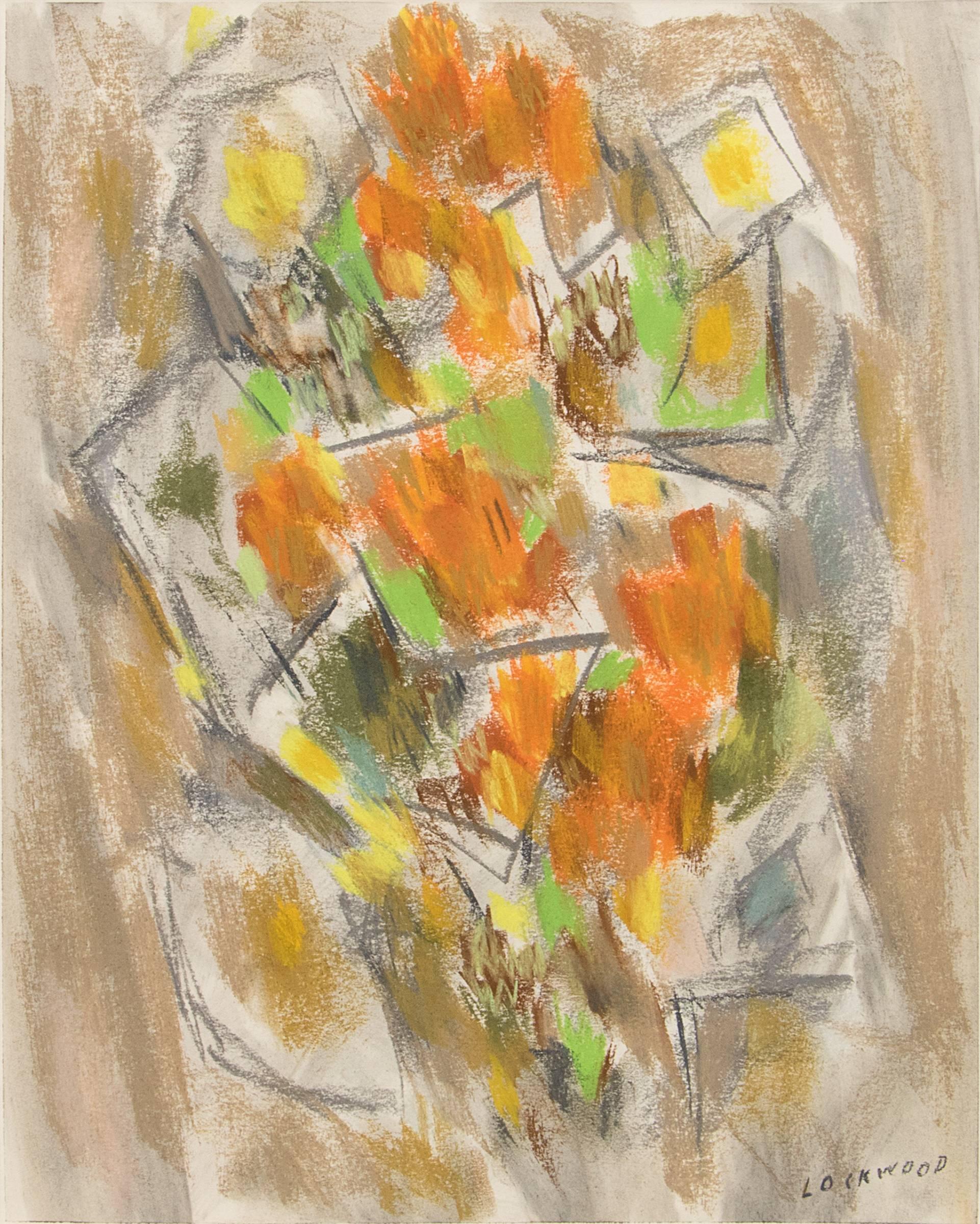 1950s Abstract Floral Still Life Drawing, Mid Century Modern Pastel Drawing - Painting by John Ward Lockwood