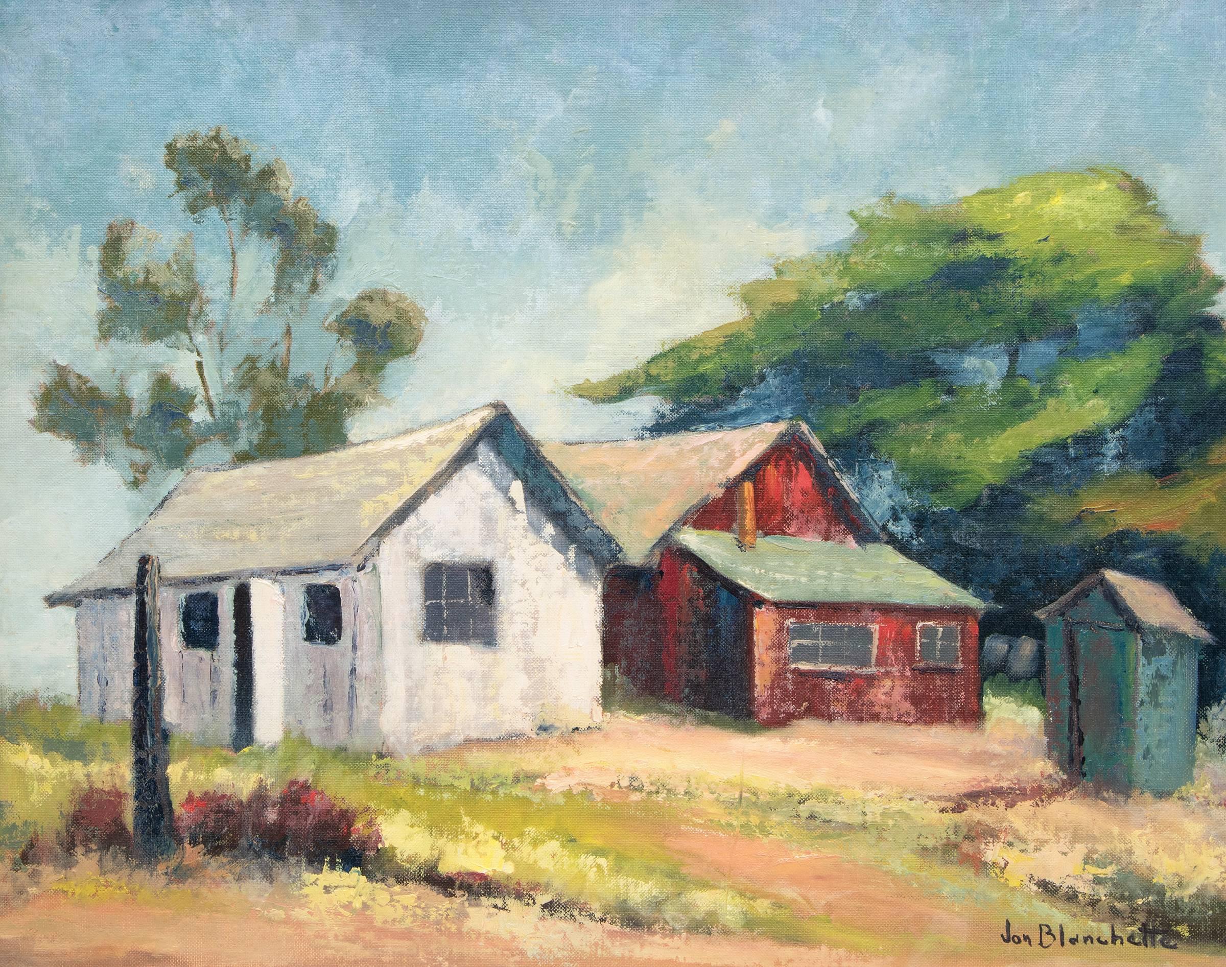 Barns in Soquel, Californie, paysage vintage, bleu vert rouge blanc beige - Painting de Jon Blanchette