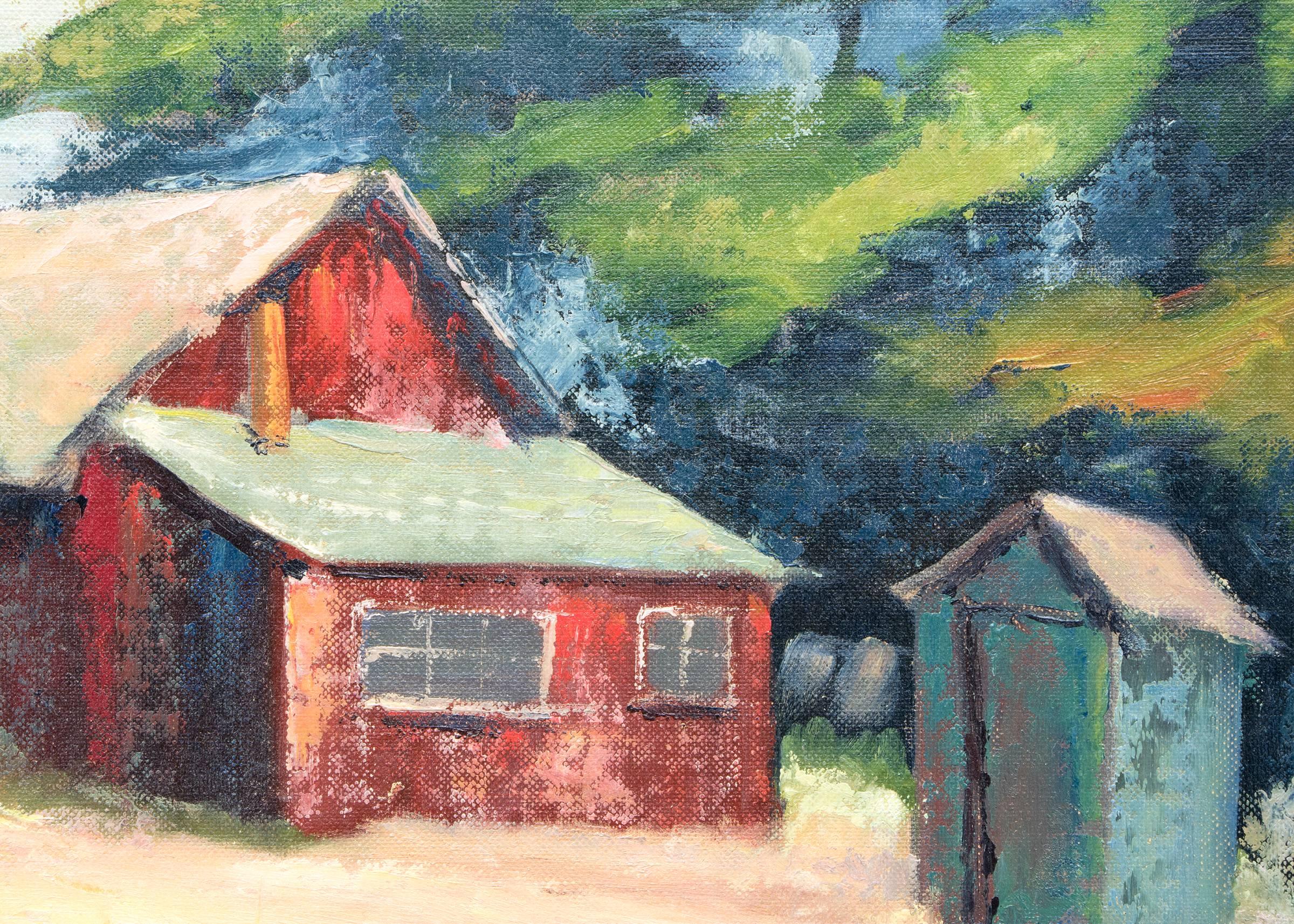 Barns in Soquel, Californie, paysage vintage, bleu vert rouge blanc beige - Impressionnisme américain Painting par Jon Blanchette