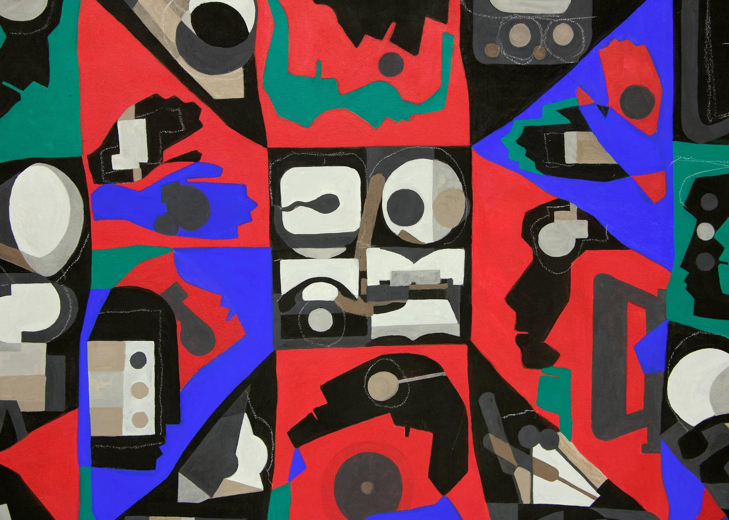 Media Man, Abstrakte Collage aus Acryl und Leinwand von Margo Hoff, Rot-Lila, 1970er Jahre im Angebot 3