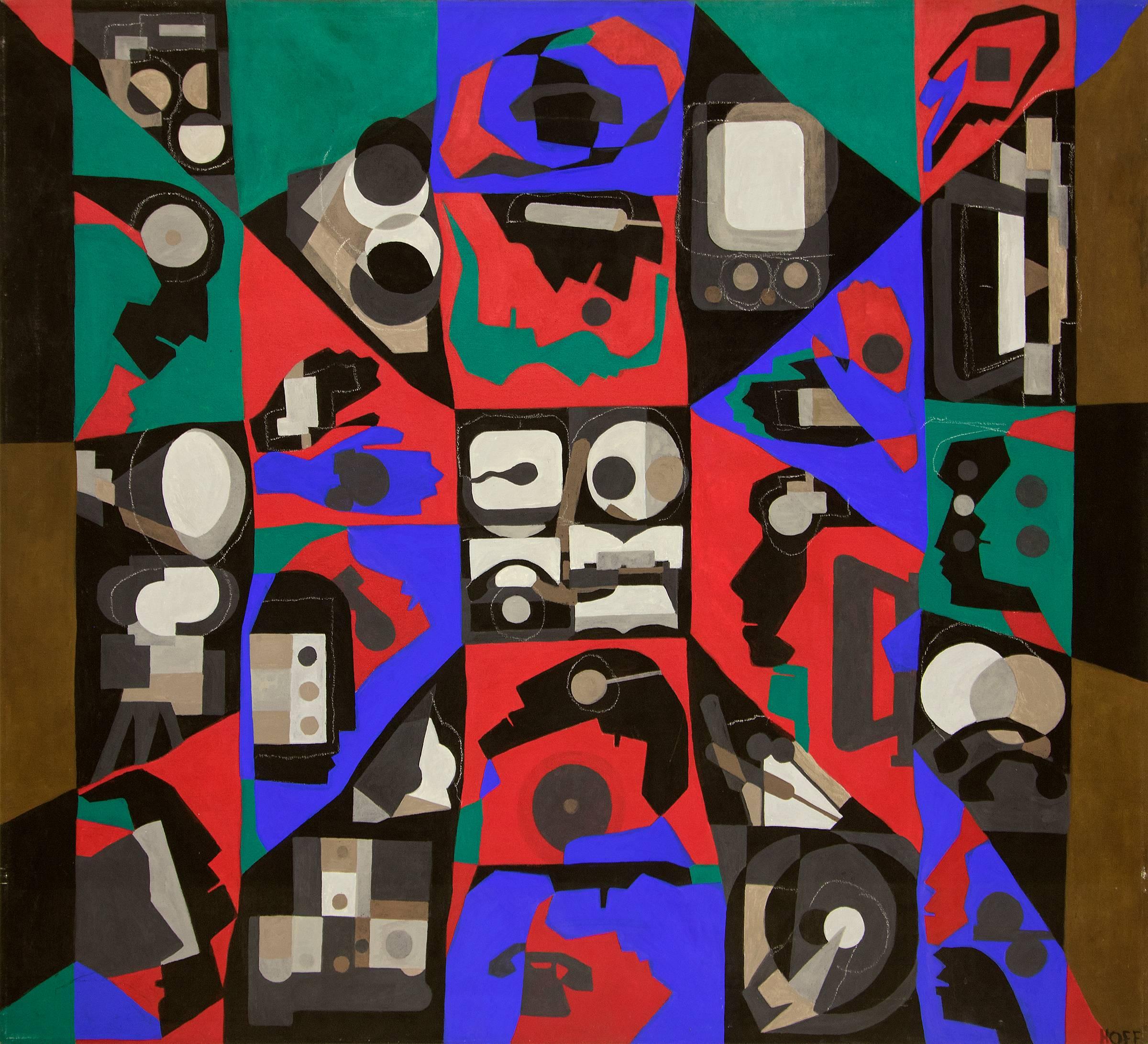Abstrakte Acryl- und Stoffcollage auf Leinwand in Lila, Rot, Grün, Braun und Schwarz, signiert von Margo Hoff (1910-2008), gemalt 1974. Ungerahmte, gewickelte Leinwand mit den Maßen 54 x 60 x 3⁄4 Zoll. 

Provenienz: Nachlass des Künstlers, Margo