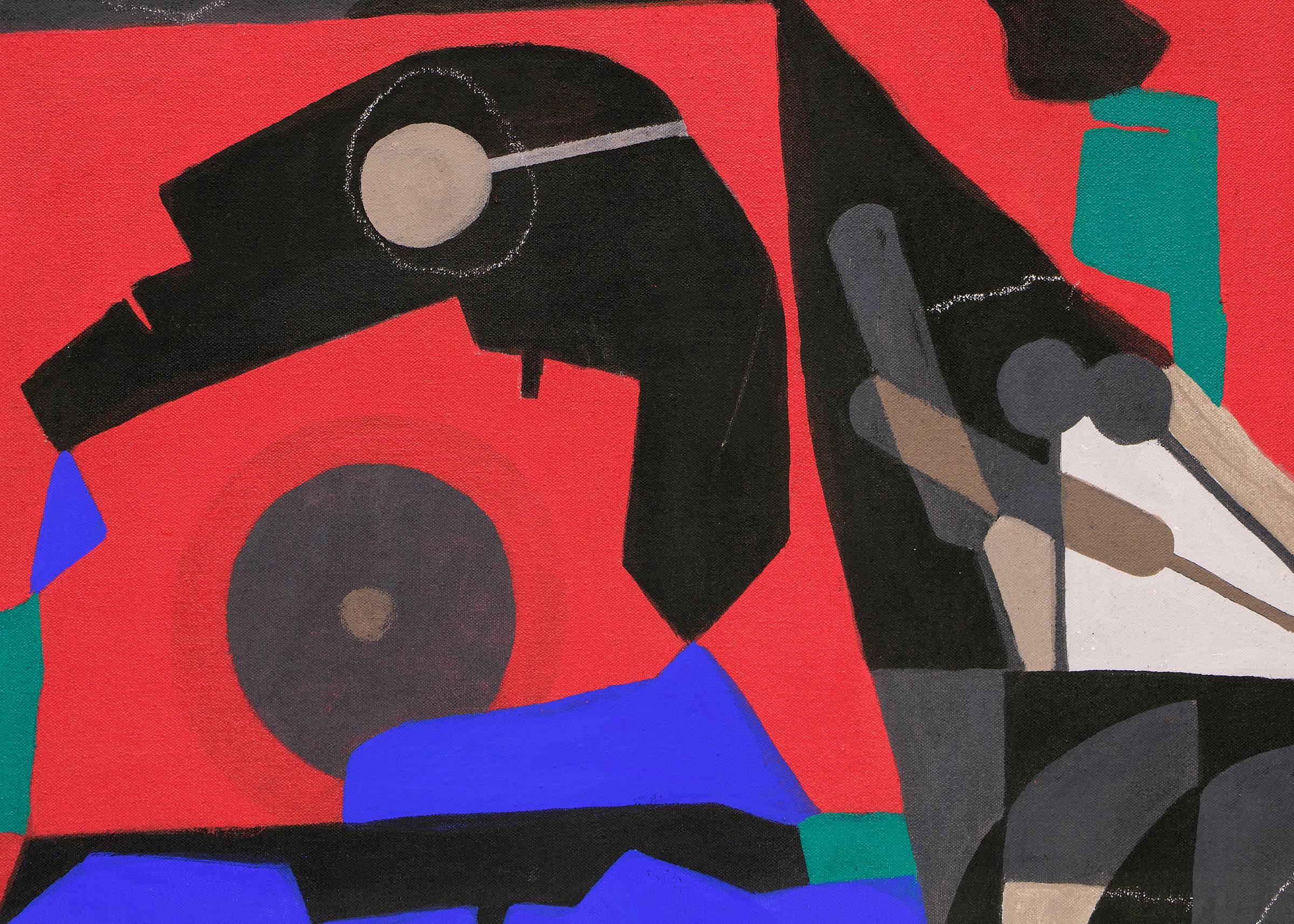 Media Man, 1970s Abstract Acrylic and Canvas Collage by Margo Hoff, Red Purple 2