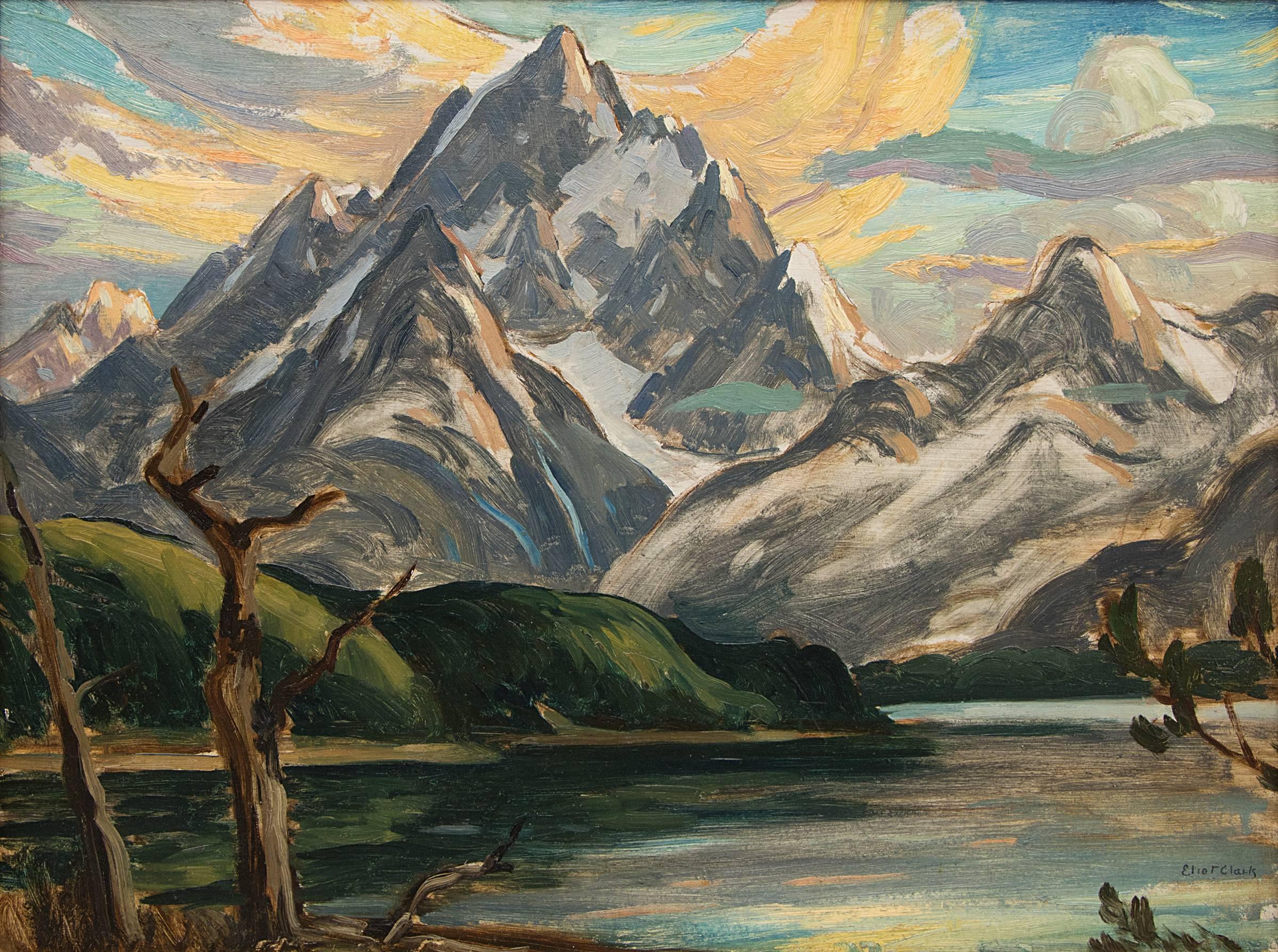 Untitled (The Grand Tetons and Jackson Lake, Wyoming Mountain Landscape) – Painting von Eliot Clark