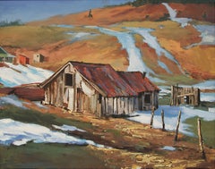 Untitled (Landscape Painting: Barn with Snow, Grass & Hills: Red, Green, Gold)