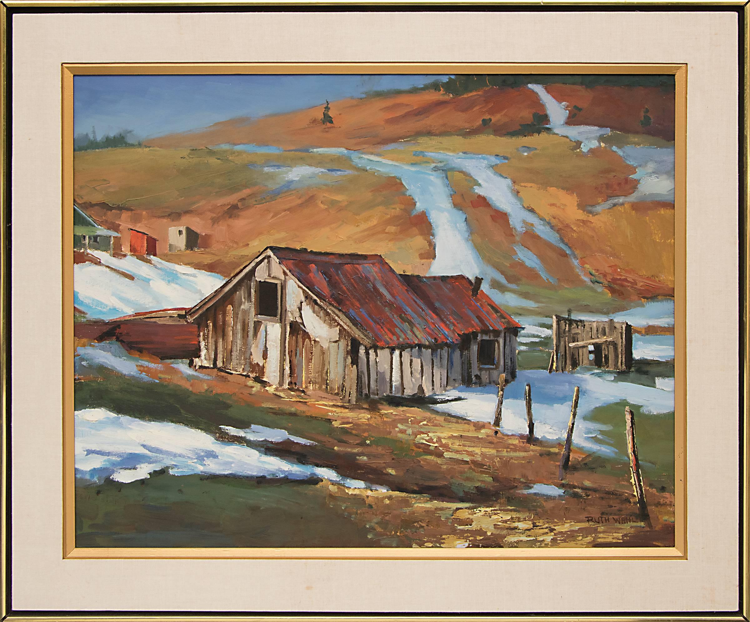 Original signed oil painting by Ruth Wahl (1925-2014) of an old barn, the hilly landscape has snow drifts and areas of green grass.  Framed dimensions measure 28 ¼ x 34 ¼ x 1 ¼ inches.  Image size is 22 x 28 inches.

A native of Detroit, Ruth Wahl